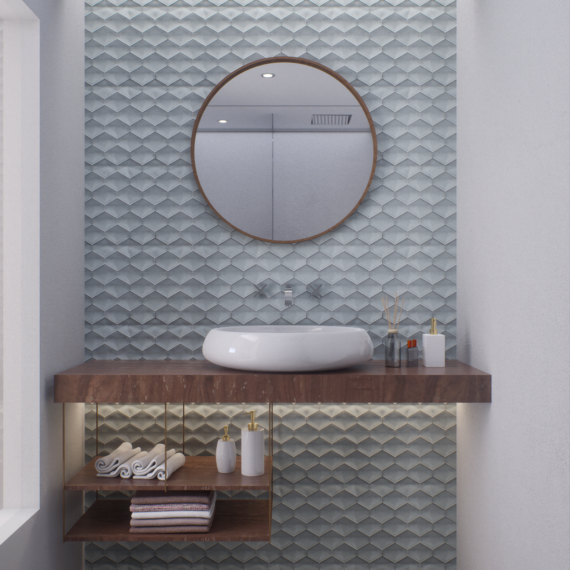 Bathroom with 3D Geometric Wall Tiles | Material Depot