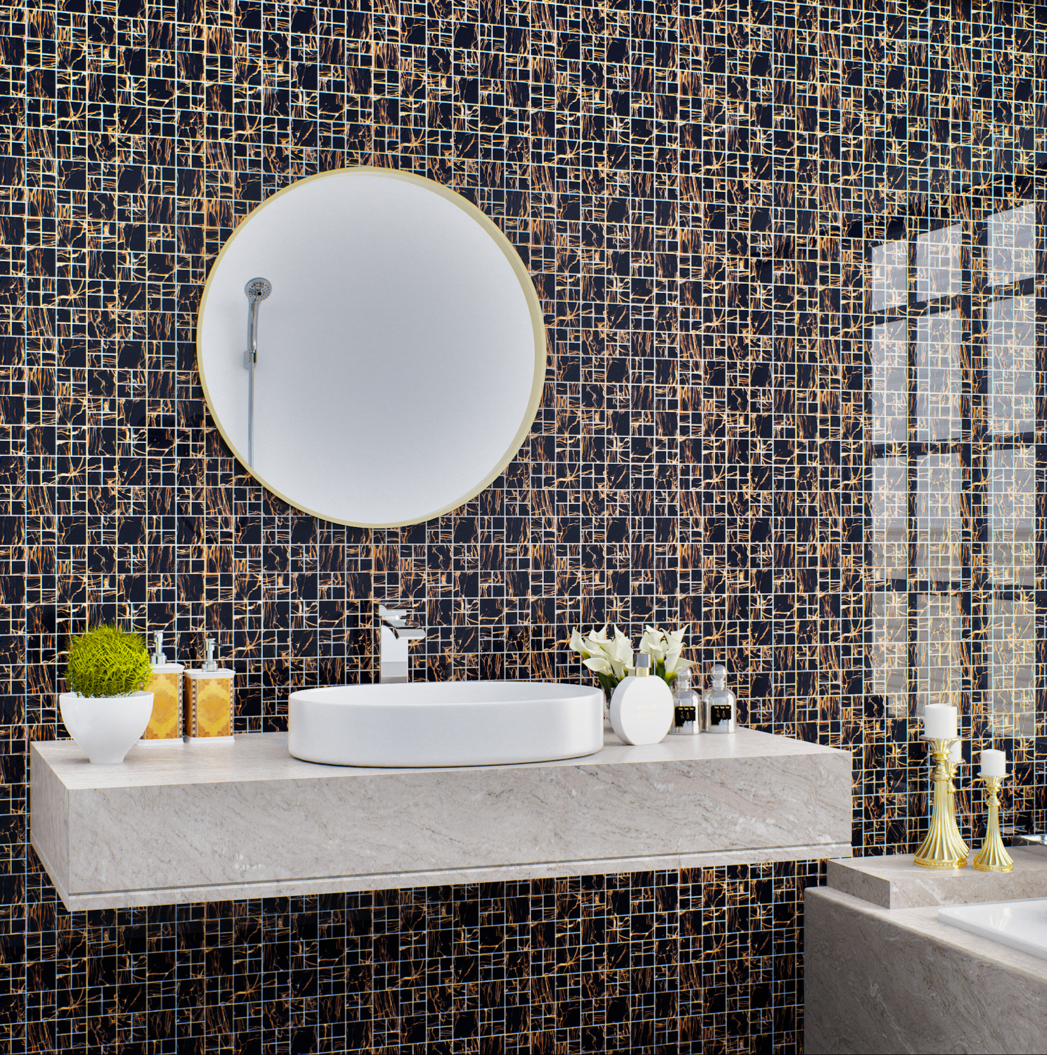 Bathroom with Black and Gold Mosaic Tile Wall | Material Depot