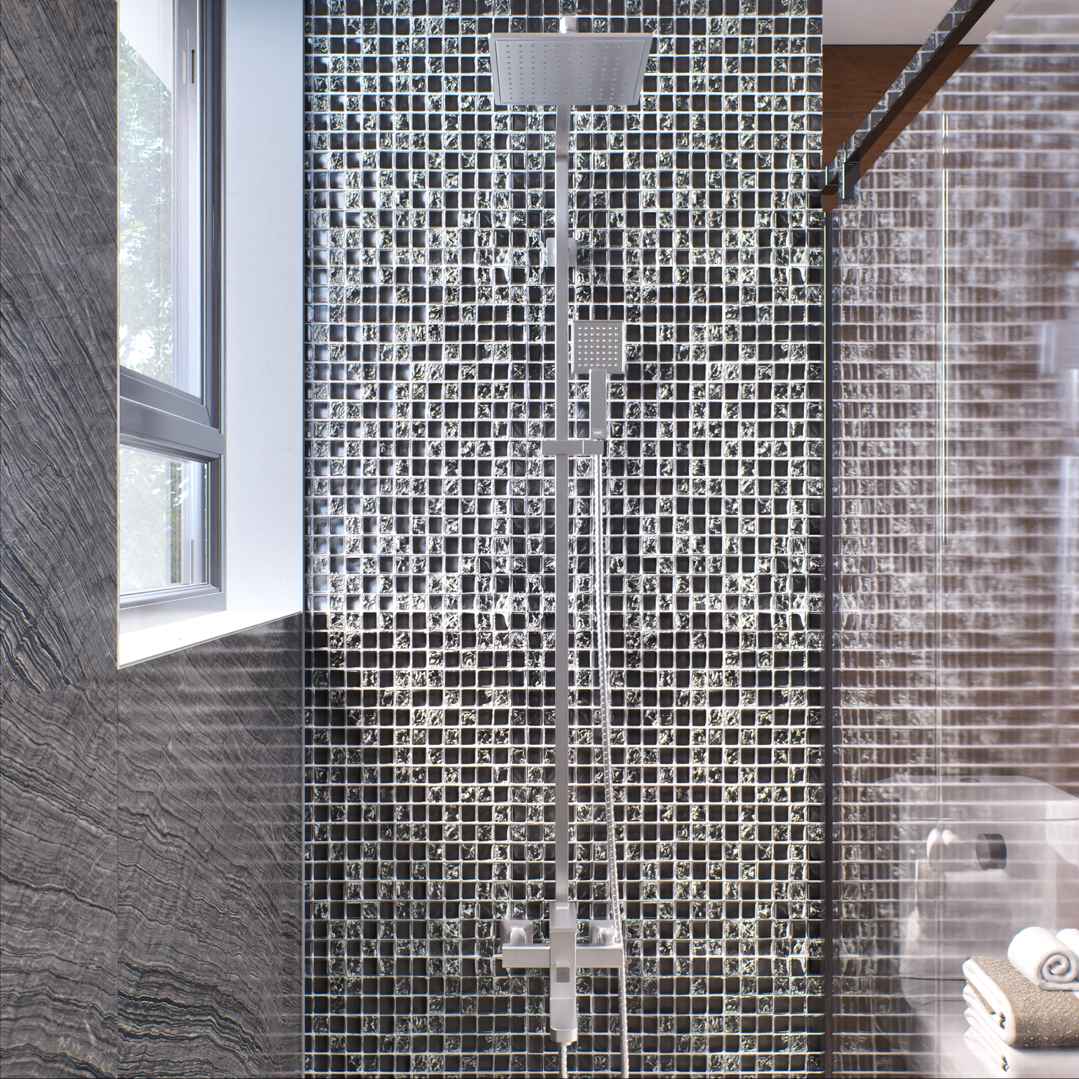 Bathroom with Black Mosaic Tile Wall | Material Depot