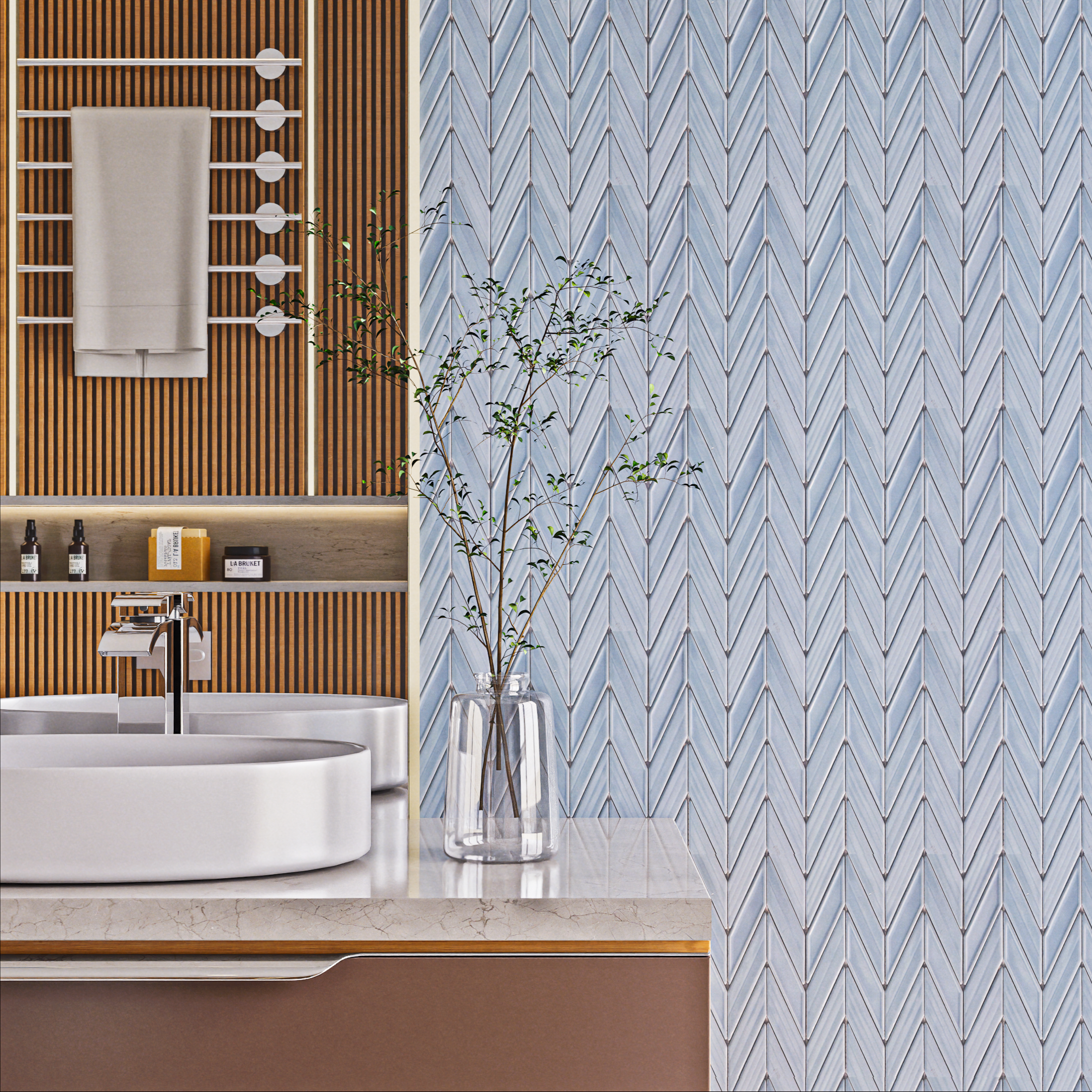 Bathroom with Chevron Patterned Blue Tiles and Wooden Accents | Material Depot