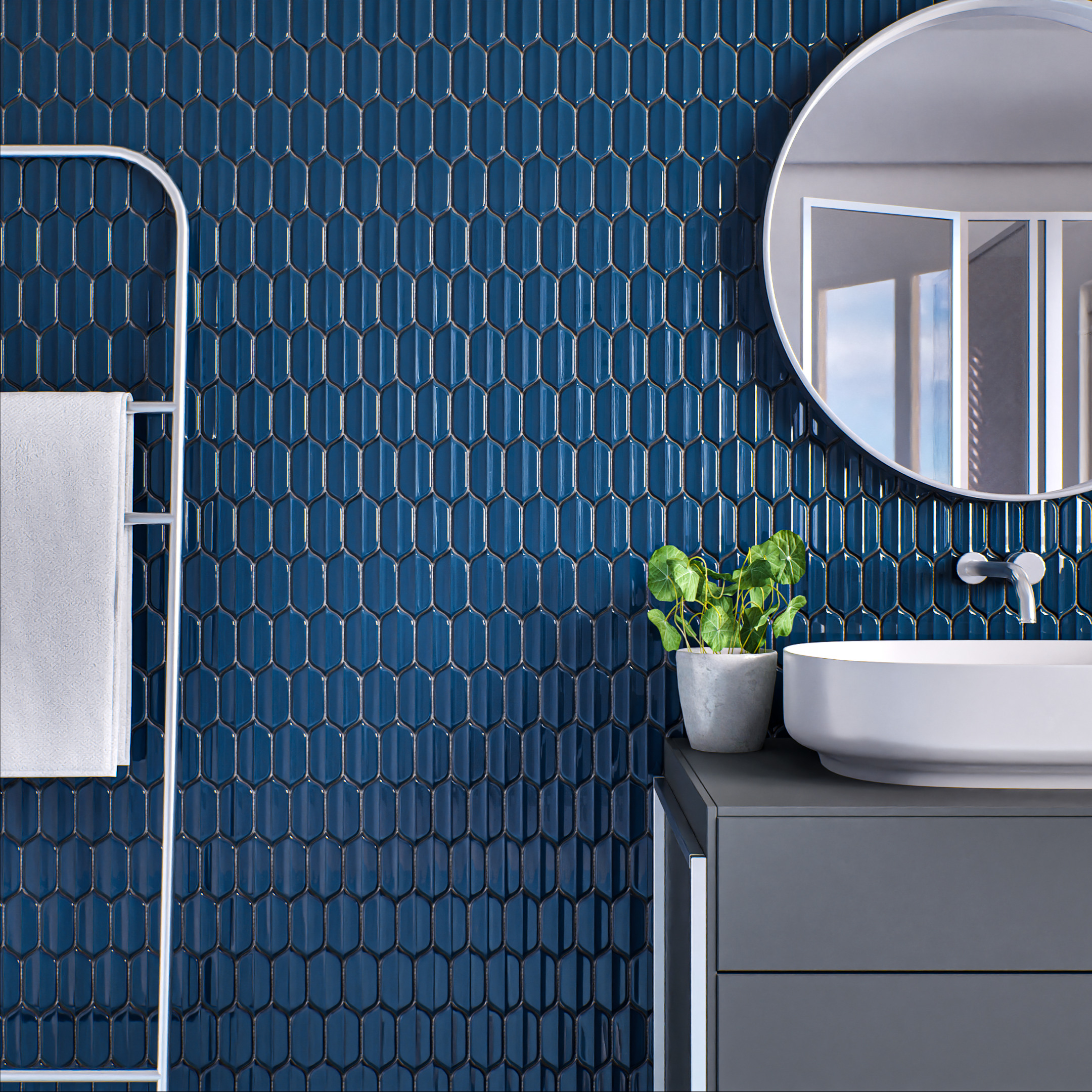 Bathroom with Deep Blue Hexagonal Tiles and Modern Vanity | Material Depot