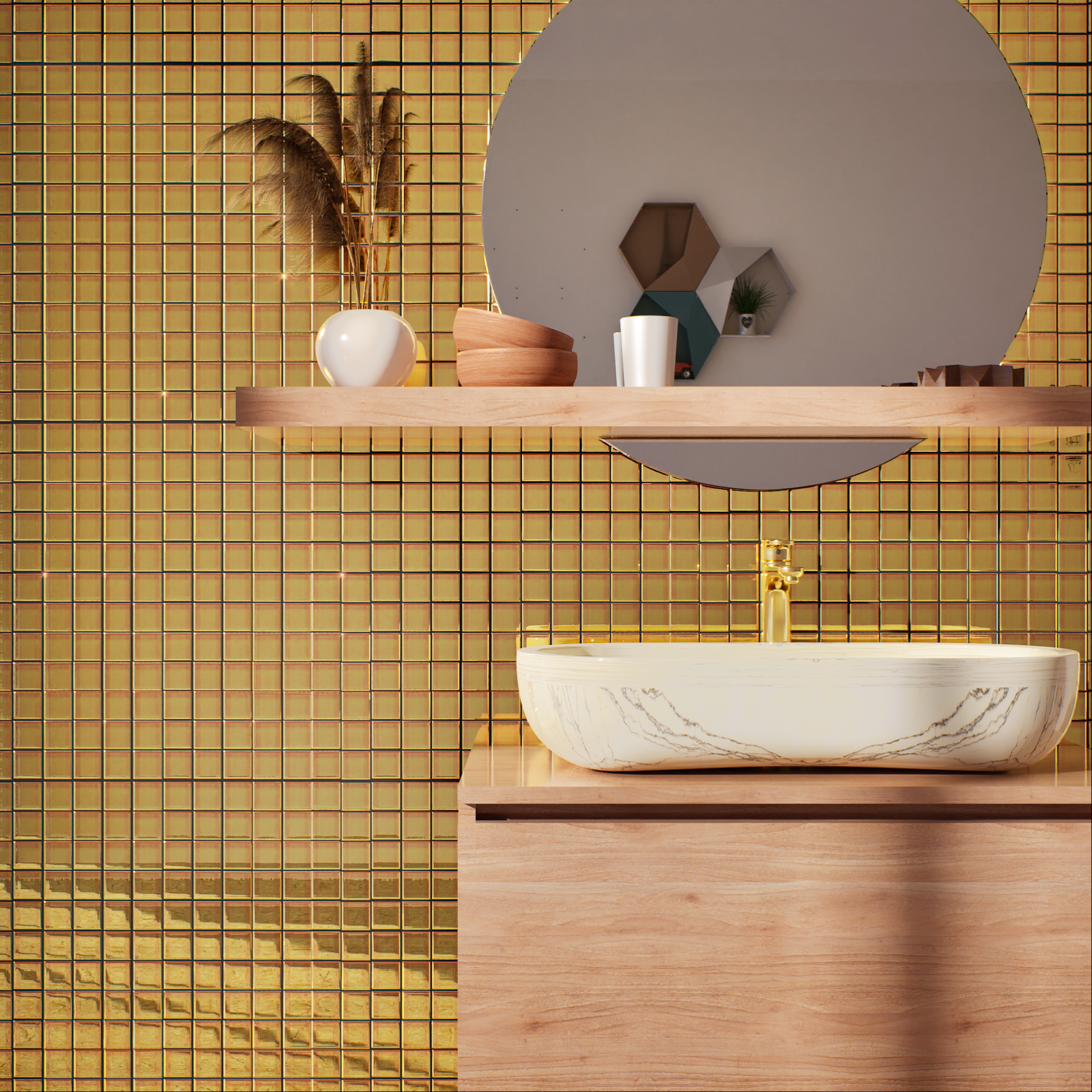 Bathroom with Golden Glass Mosaic Wall | Material Depot