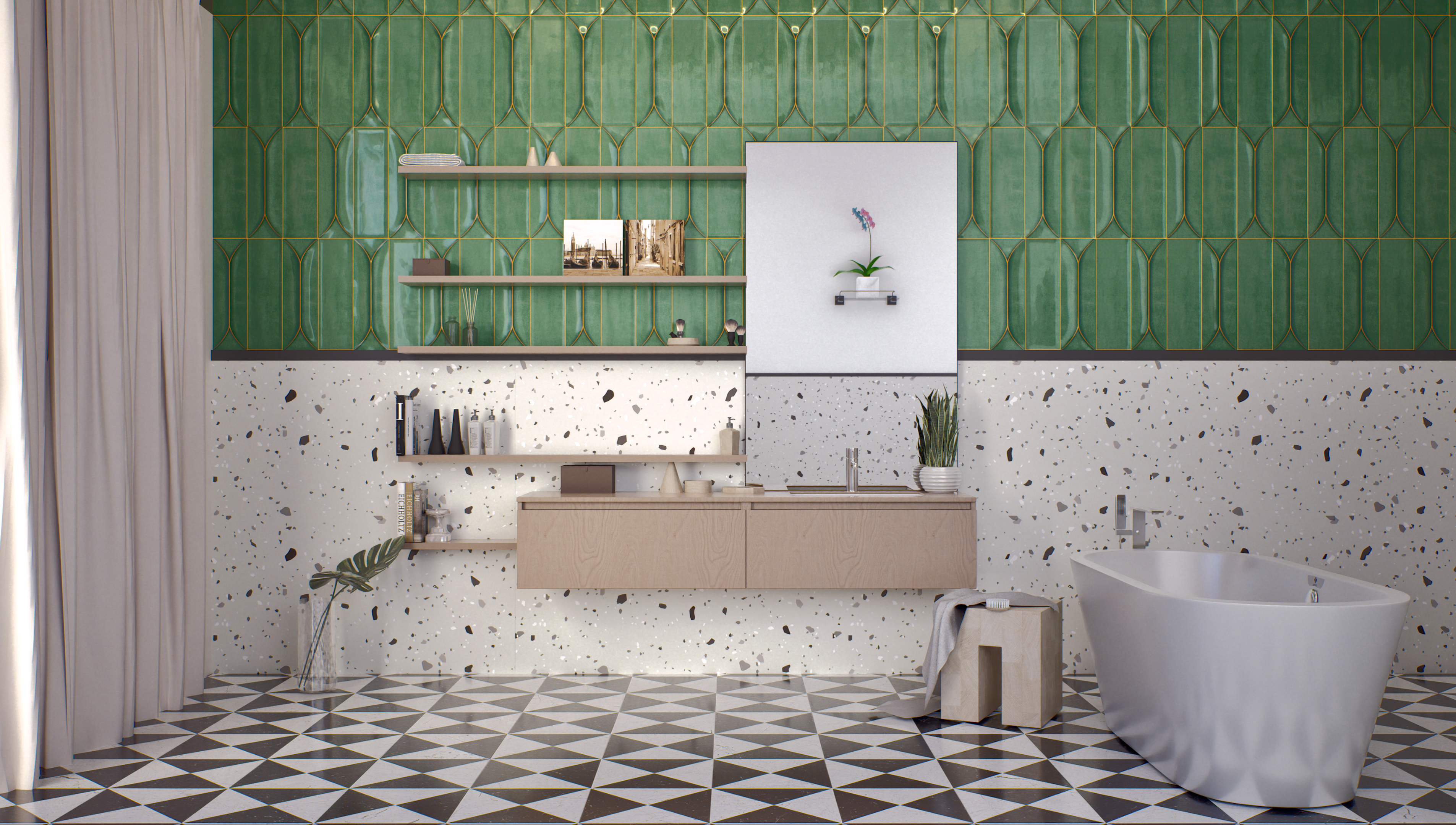 Bathroom with Green Geometric Wall Tiles and Terrazzo Accents | Material Depot