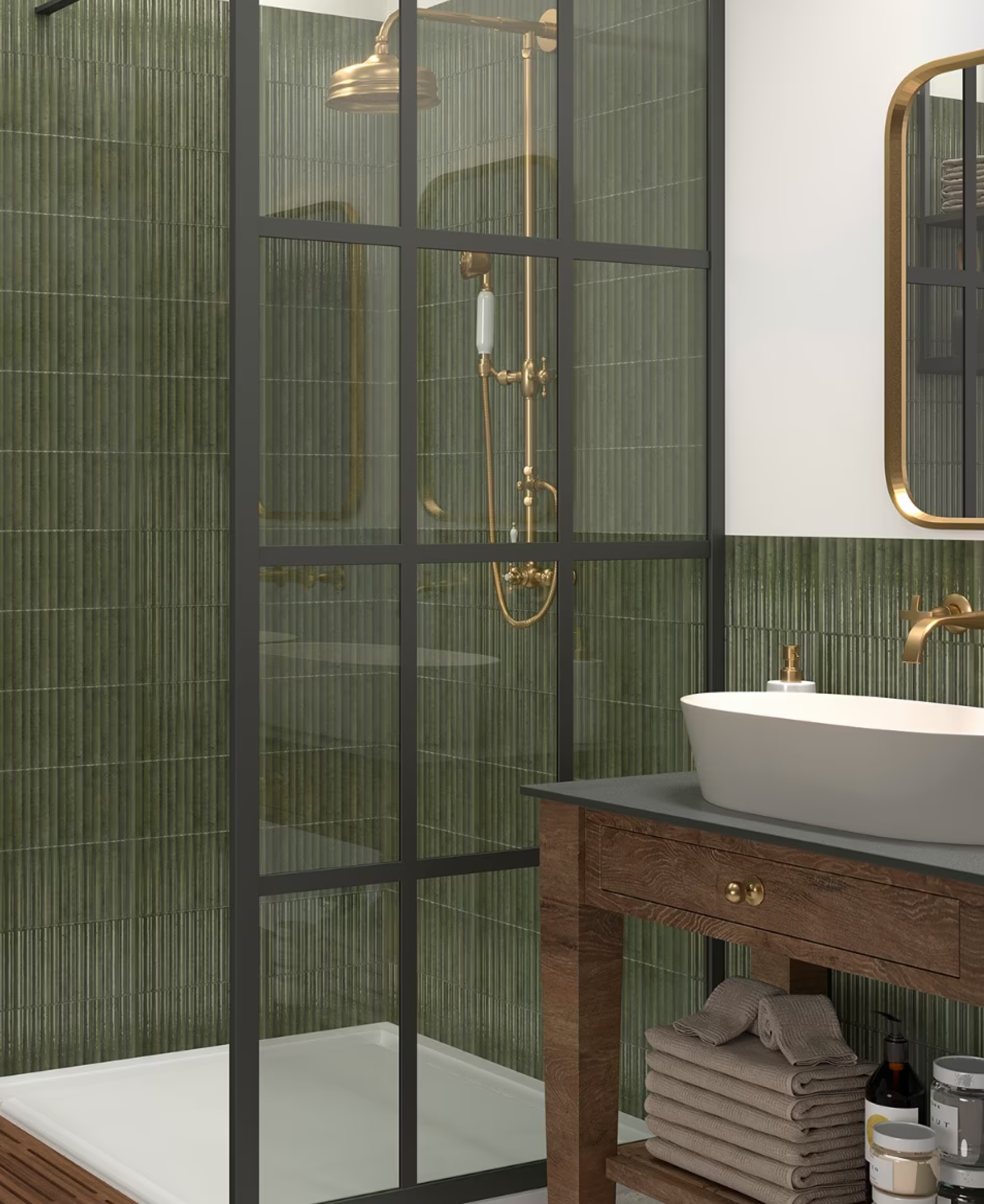 Vintage-inspired Shower with Green Fluted Tiles and Brass Accents | Material Depot