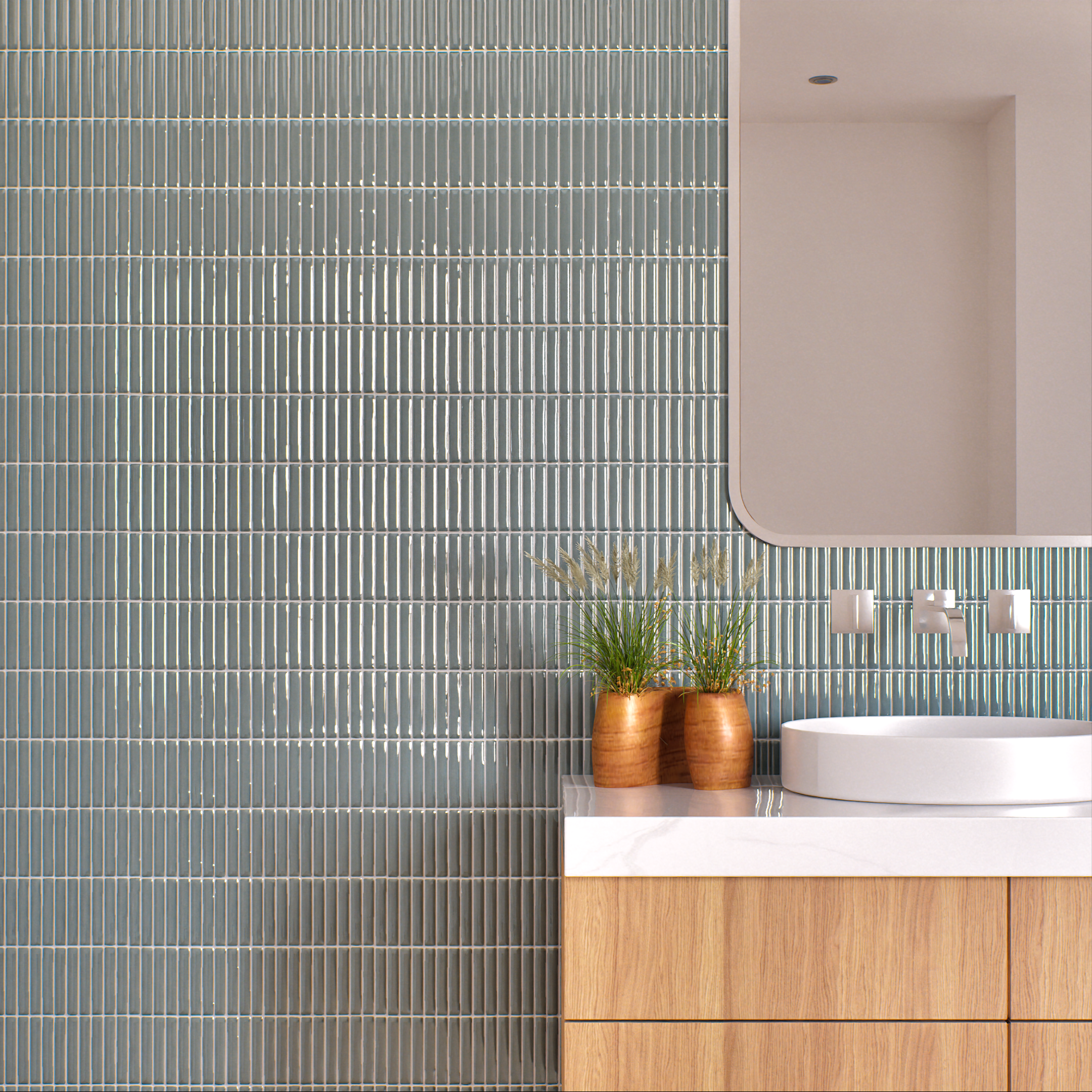 Bathroom with Sage Green Linear Mosaic Tile Accent Wall | Material Depot