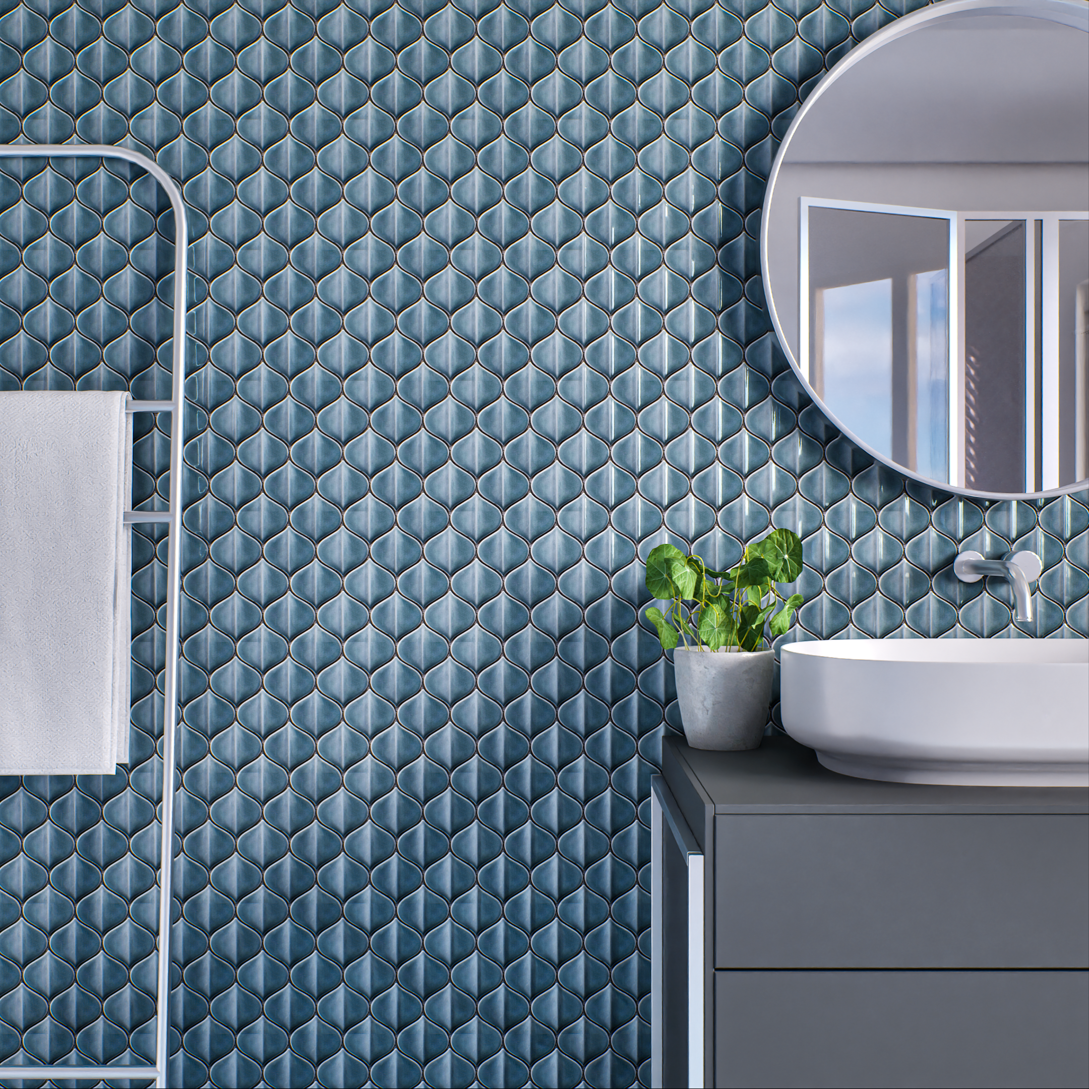 Bathroom with Sky Blue 3D Textured Tile Backsplash | Material Depot
