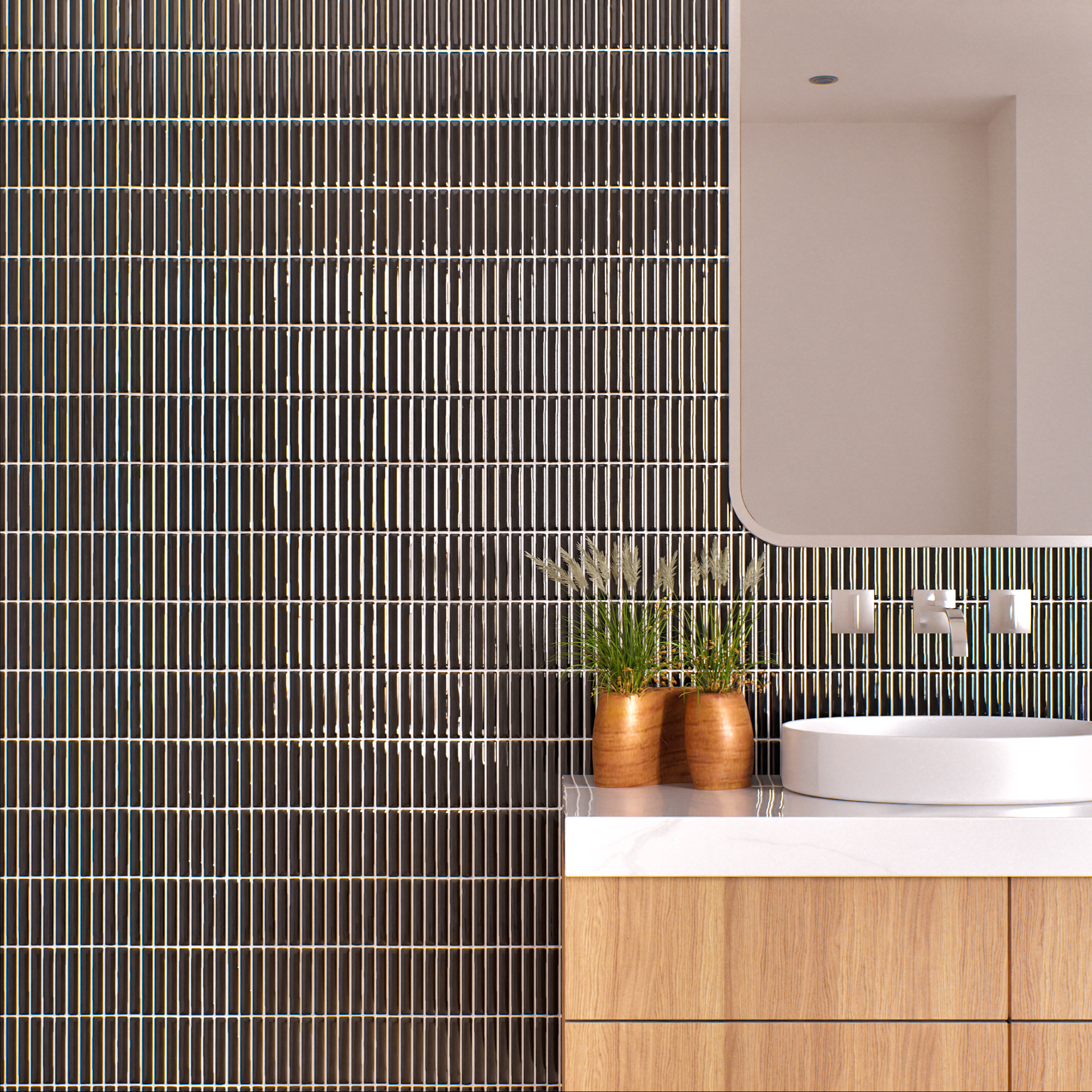 Bathroom with Vertical Metallic Tiles and Minimalist Vanity | Material Depot