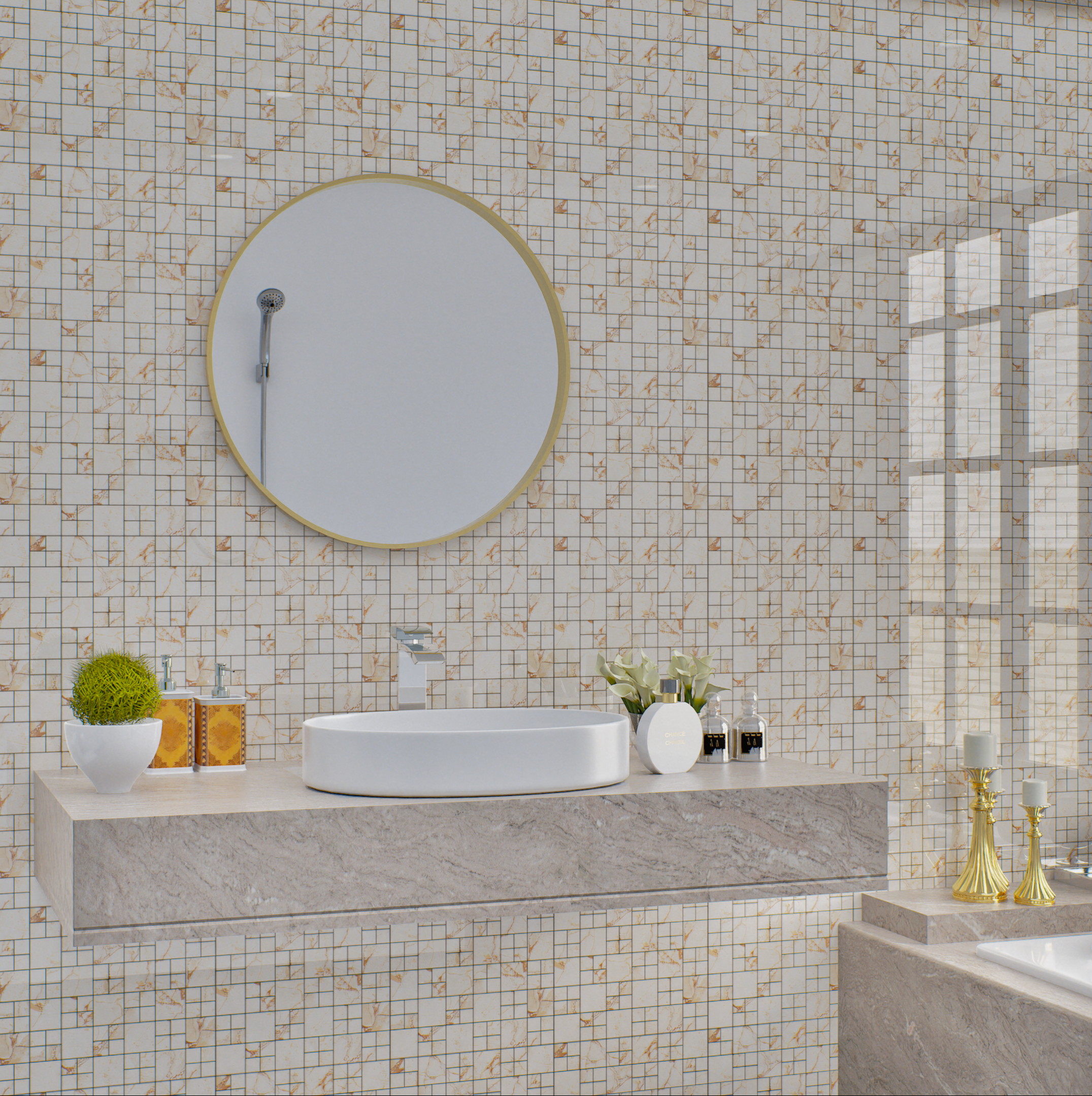 Bathroom with White and Gold Mosaic Wall | Material Depot