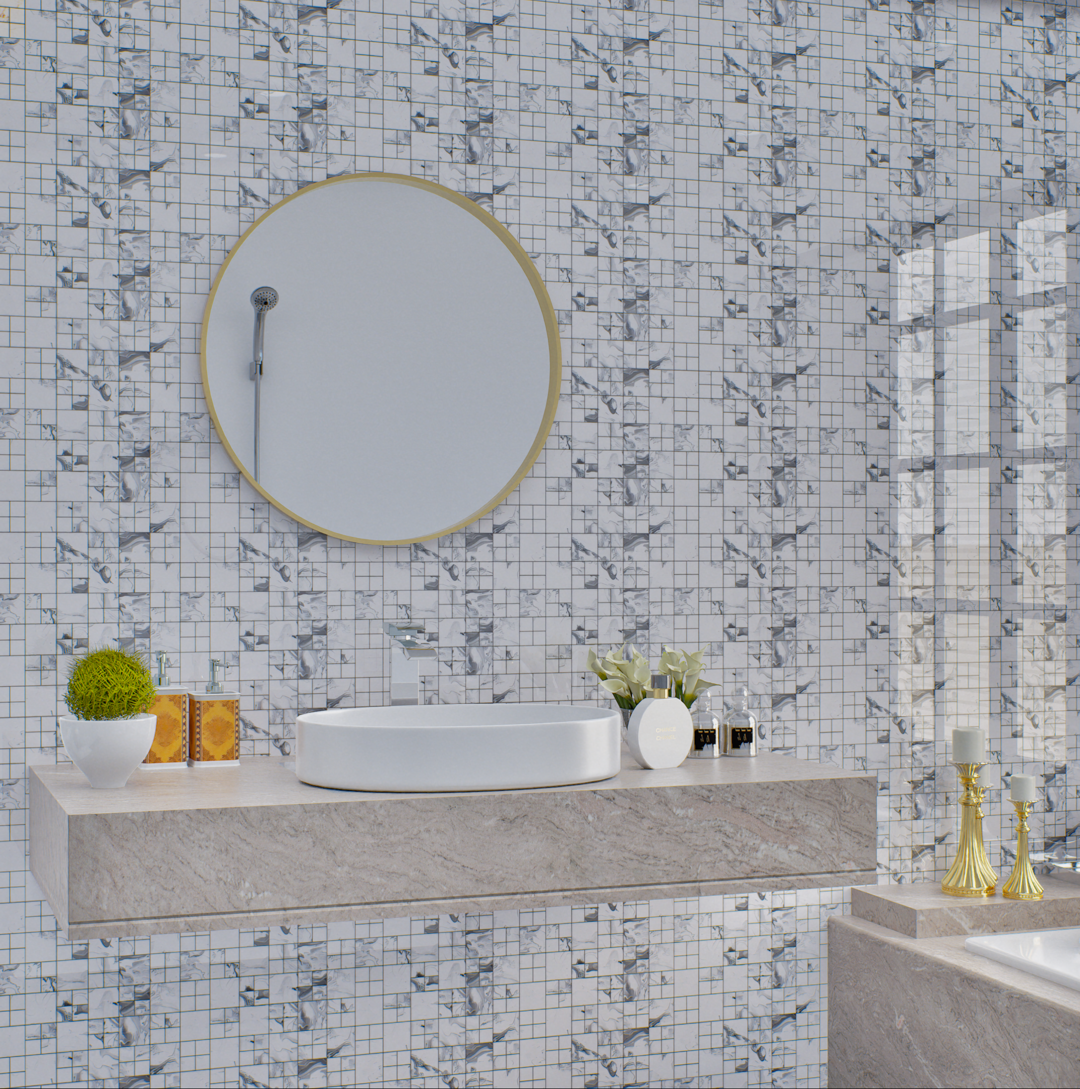 Bathroom with White and Gray Mosaic Tile Accent Wall | Material Depot