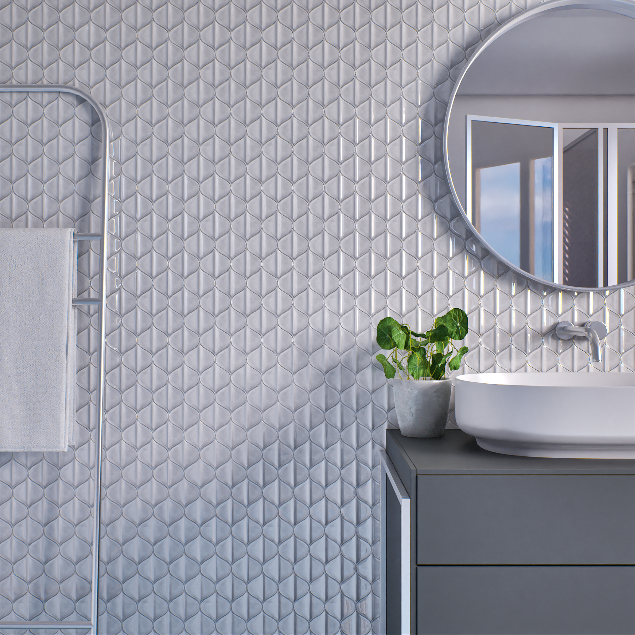 Bathroom with White Textured Wall Tiles and Modern Vanity | Material Depot