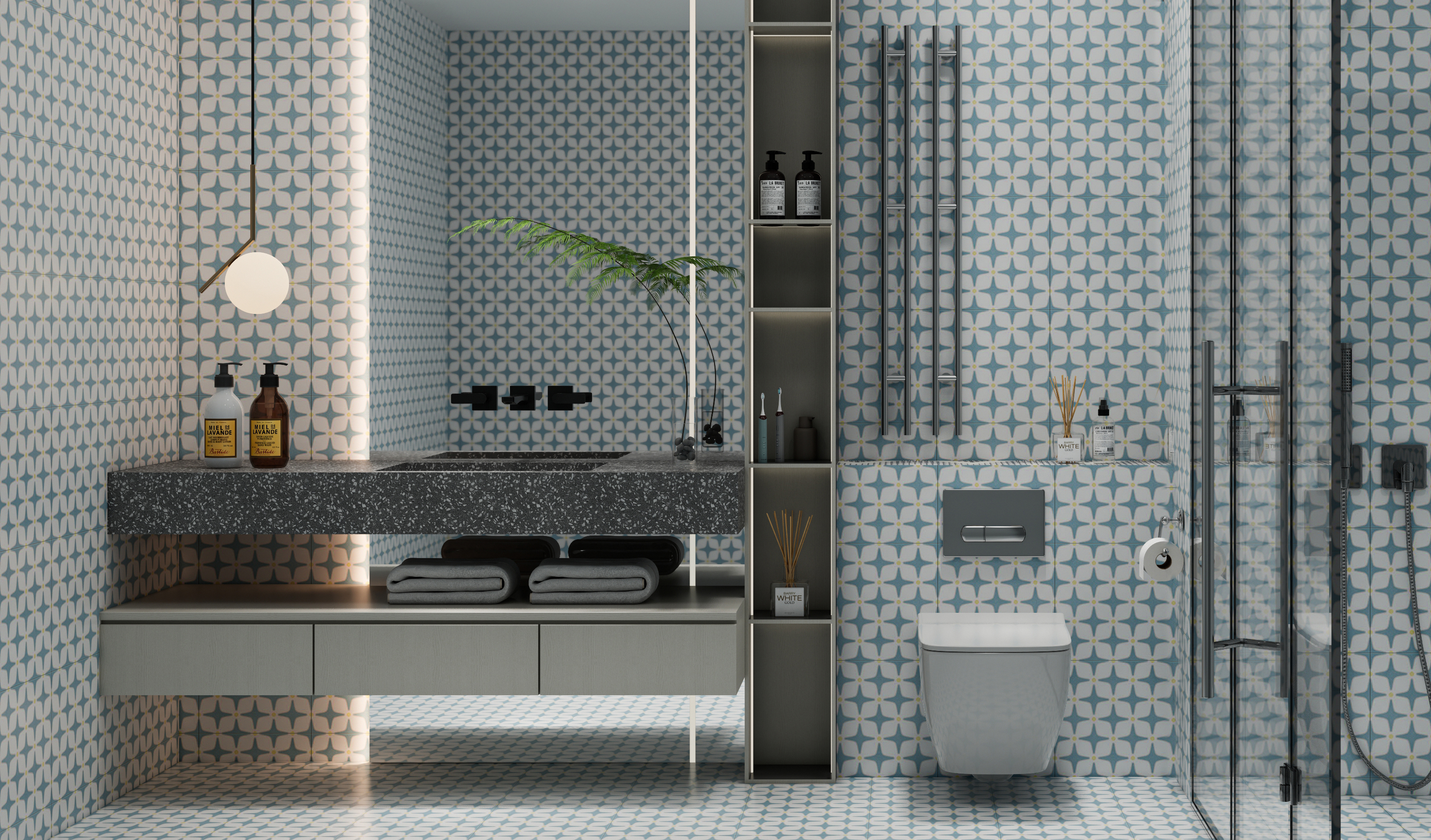 Blue and White Moroccan-Inspired Bathroom with Patterned Tiles | Material Depot