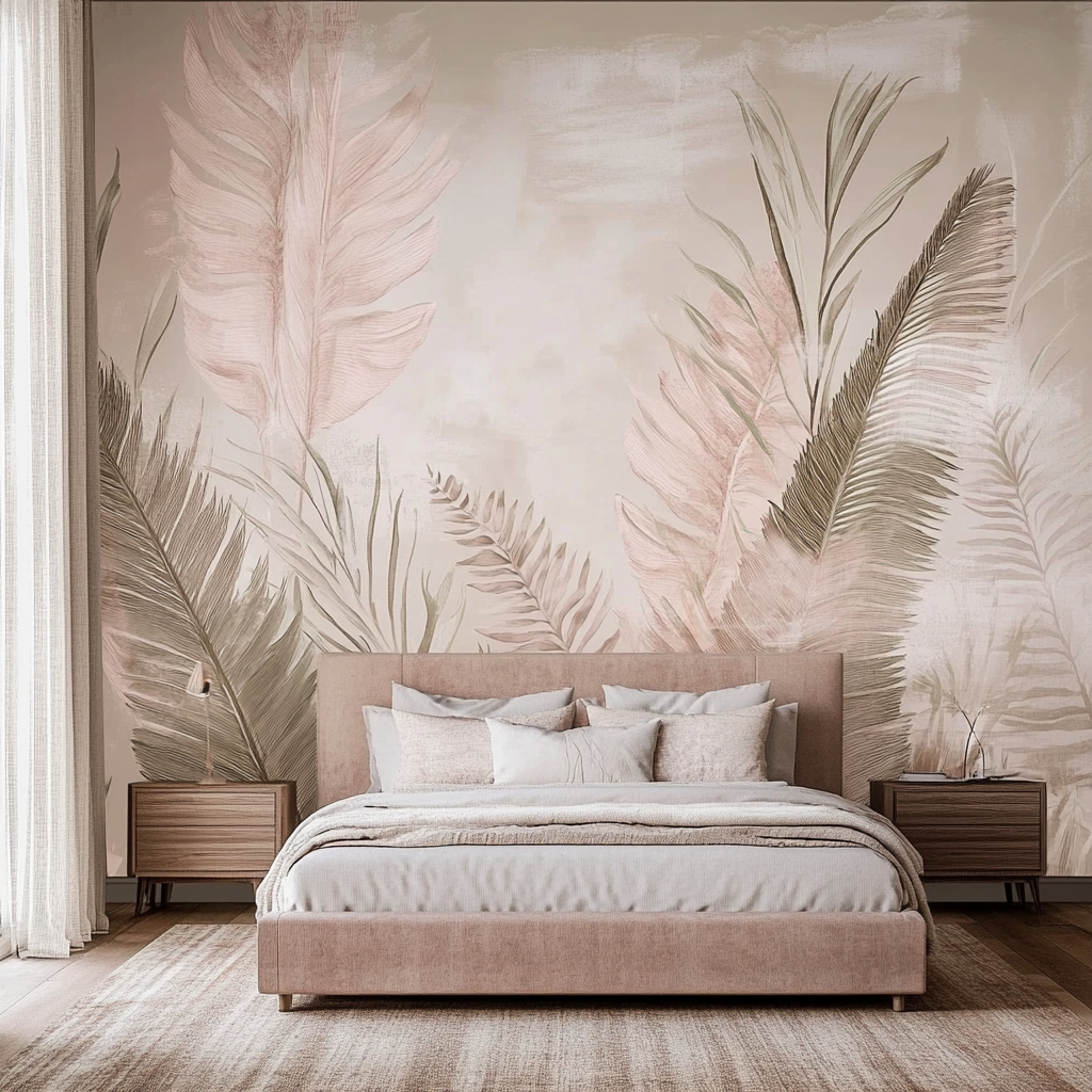 Blush Pink Botanical Mural in Elegant Bedroom | Material Depot