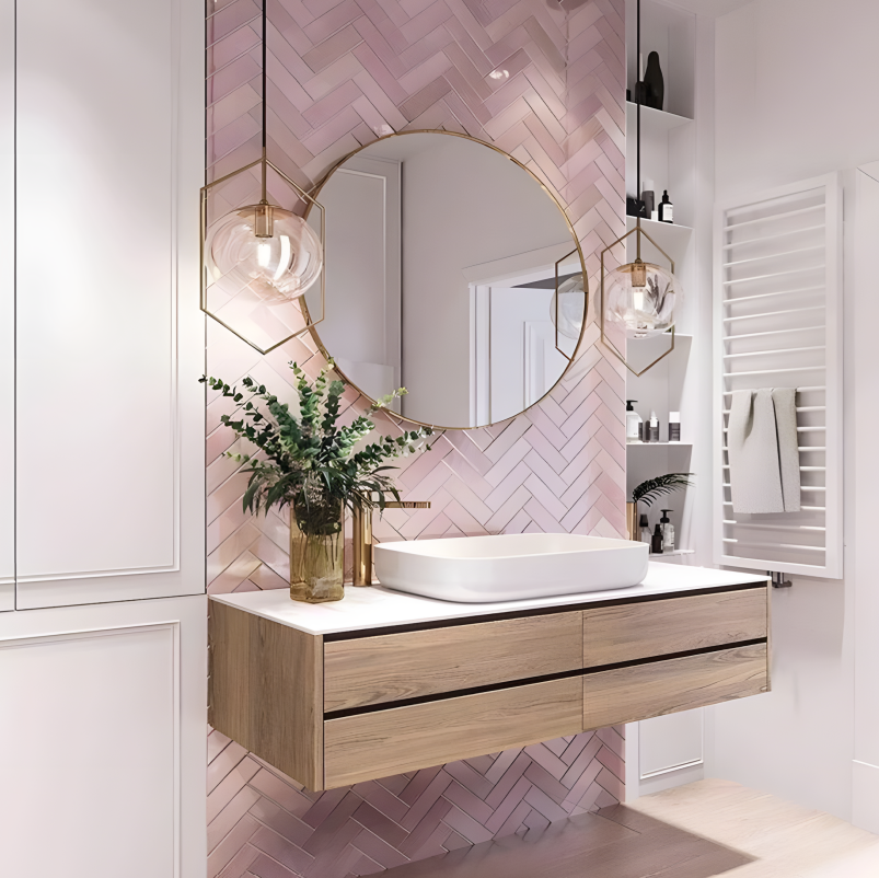 Blush Pink Herringbone Tiles in a Chic Vanity Corner | Material Depot