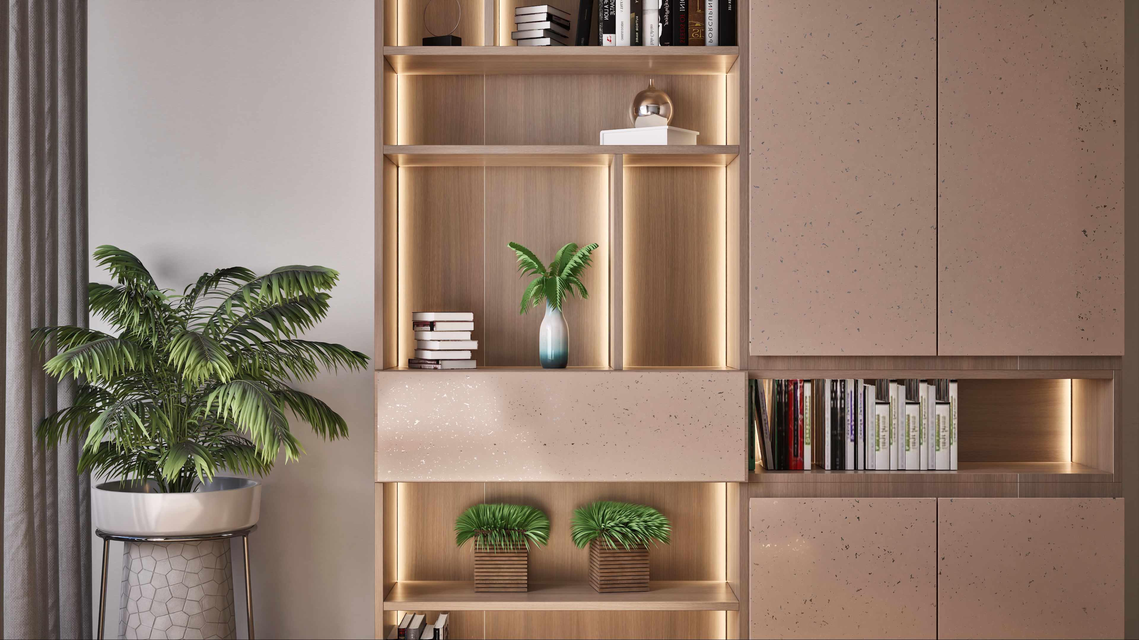 Blush Pink Speckled Cabinet with Illuminated Wooden Shelves and Indoor Greenery | Material Depot