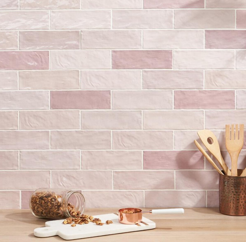 Blush Pink Subway Tile Backsplash with Soft Textured Finish | Material Depot