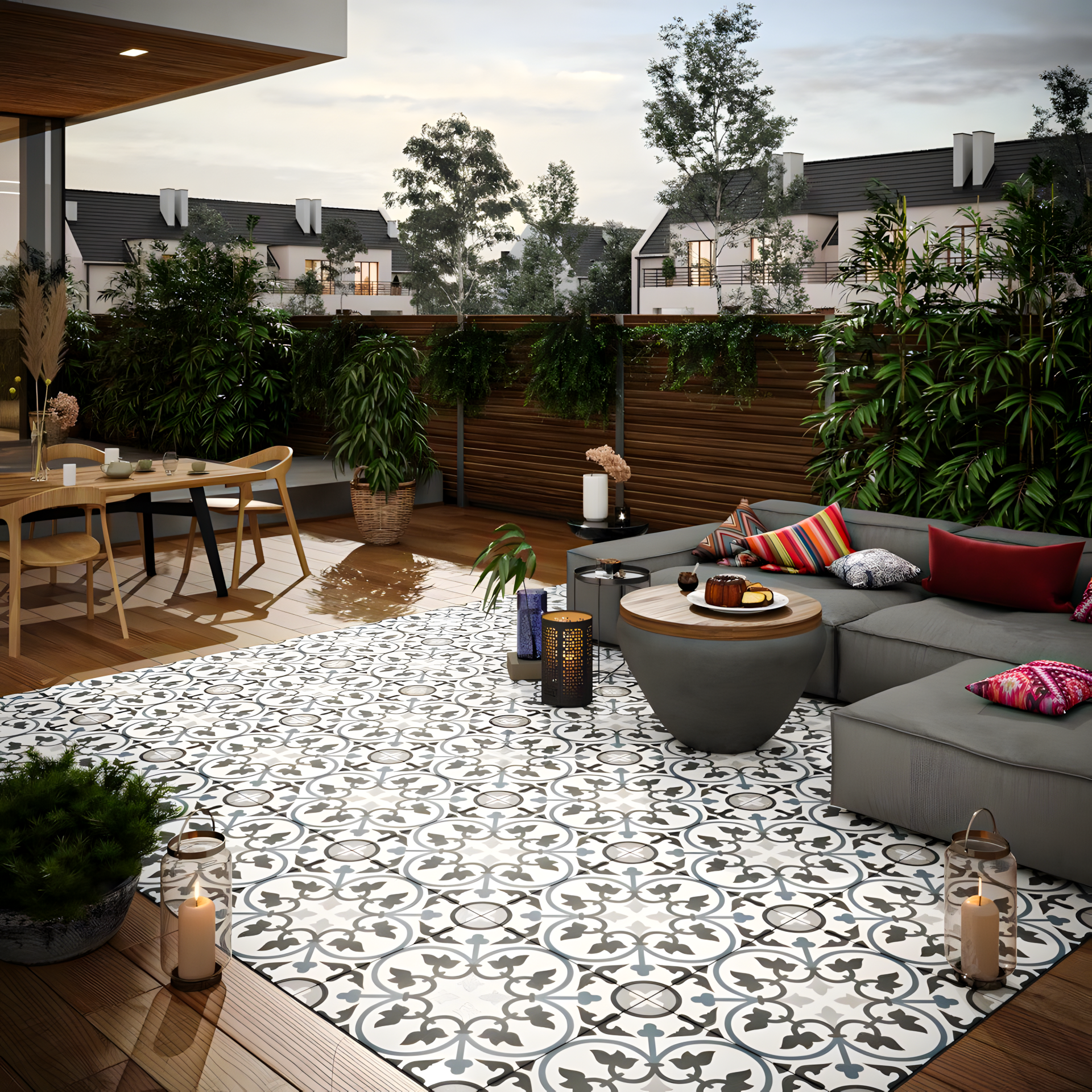 Bohemian Outdoor Living Space with Patterned Tiles | Material Depot