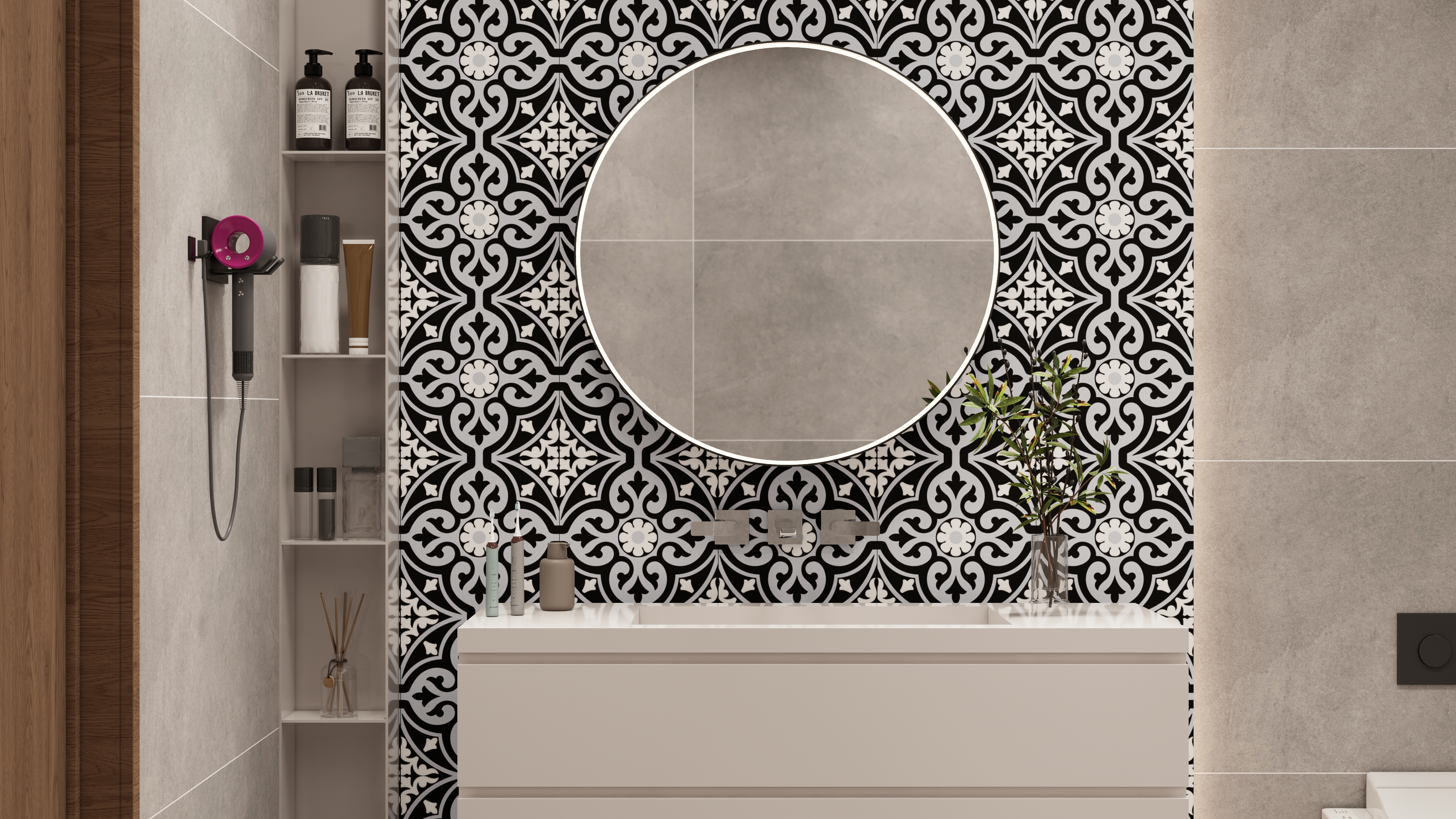 Bold and Elegant Bathroom with Black and White Moroccan Tiles | Material Depot