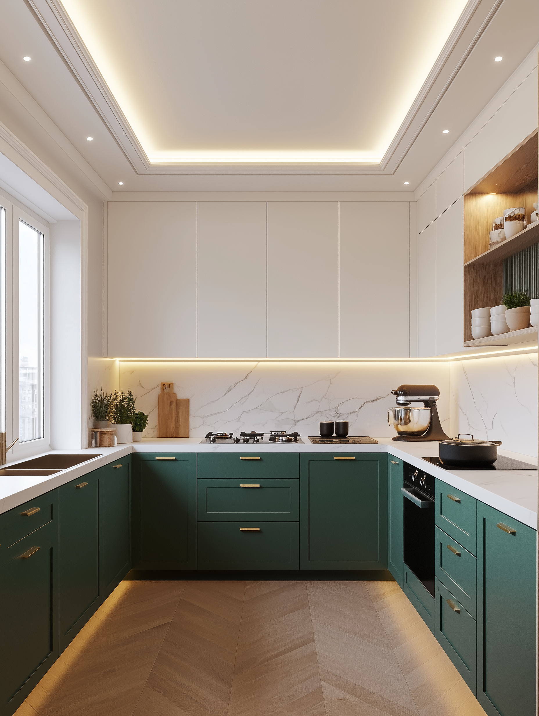 Bold and Stylish Kitchen with Deep Green Cabinets and Light Wood Flooring | Material Depot