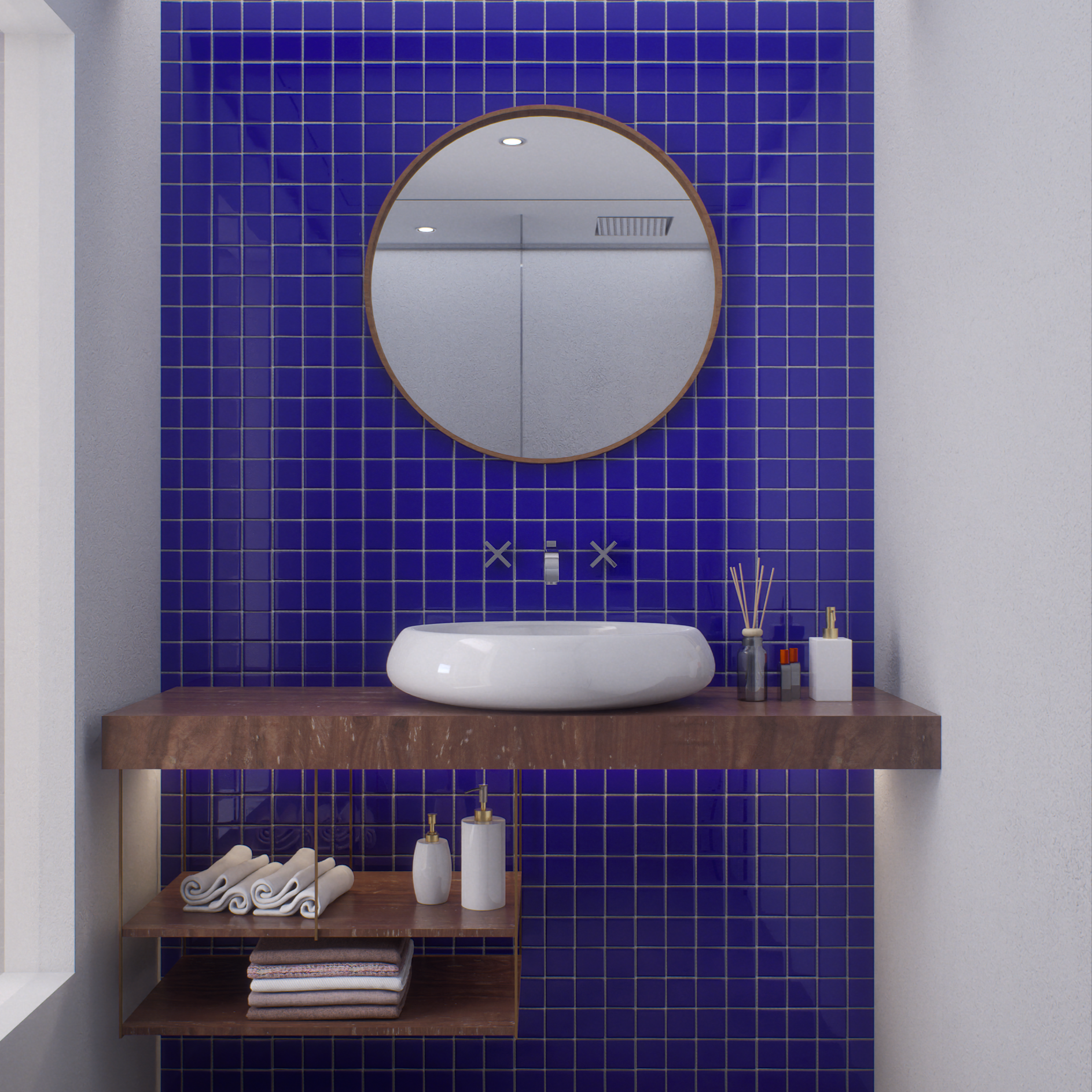 Bold Bathroom with Royal Blue Mosaic Tile Wall and Floating Vanity | Material Depot