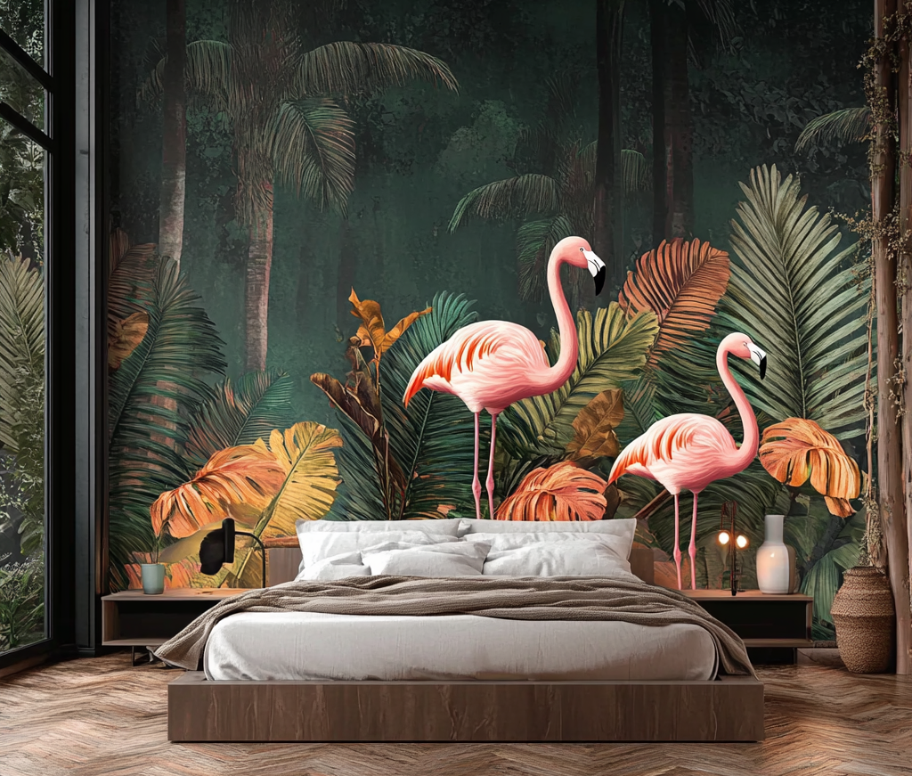 Bold Flamingo Tropical Mural in Modern Bedroom | Material Depot