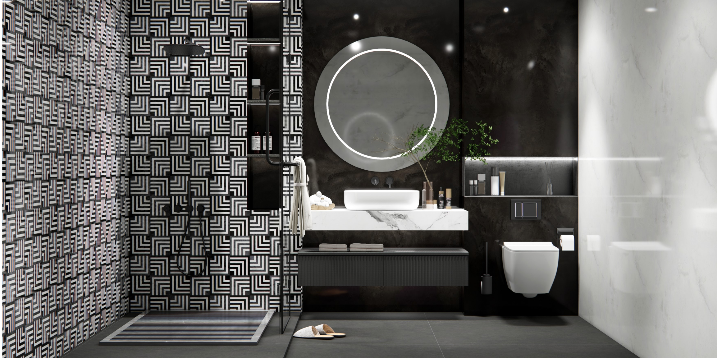 Bold Monochrome Bathroom with Geometric Tiles and Sleek Black Accents | Material Depot