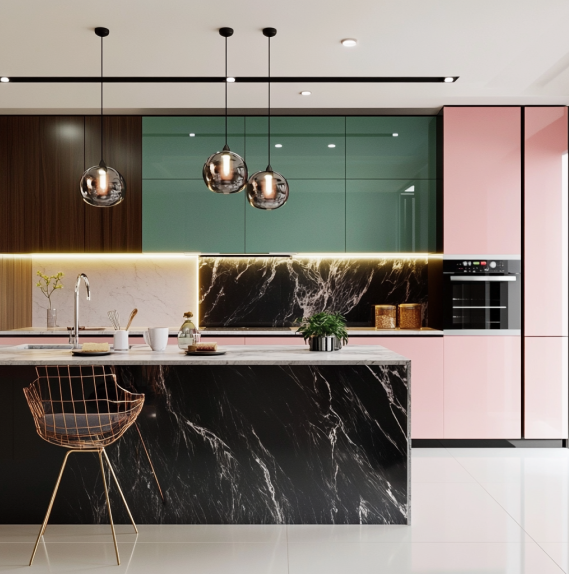 Luxury Walk-In Closet with Blue Gloss Laminate and Display ShelvesBold Pink and Green Glossy Solid Laminate Kitchen with Black Marble Island | Material Depot