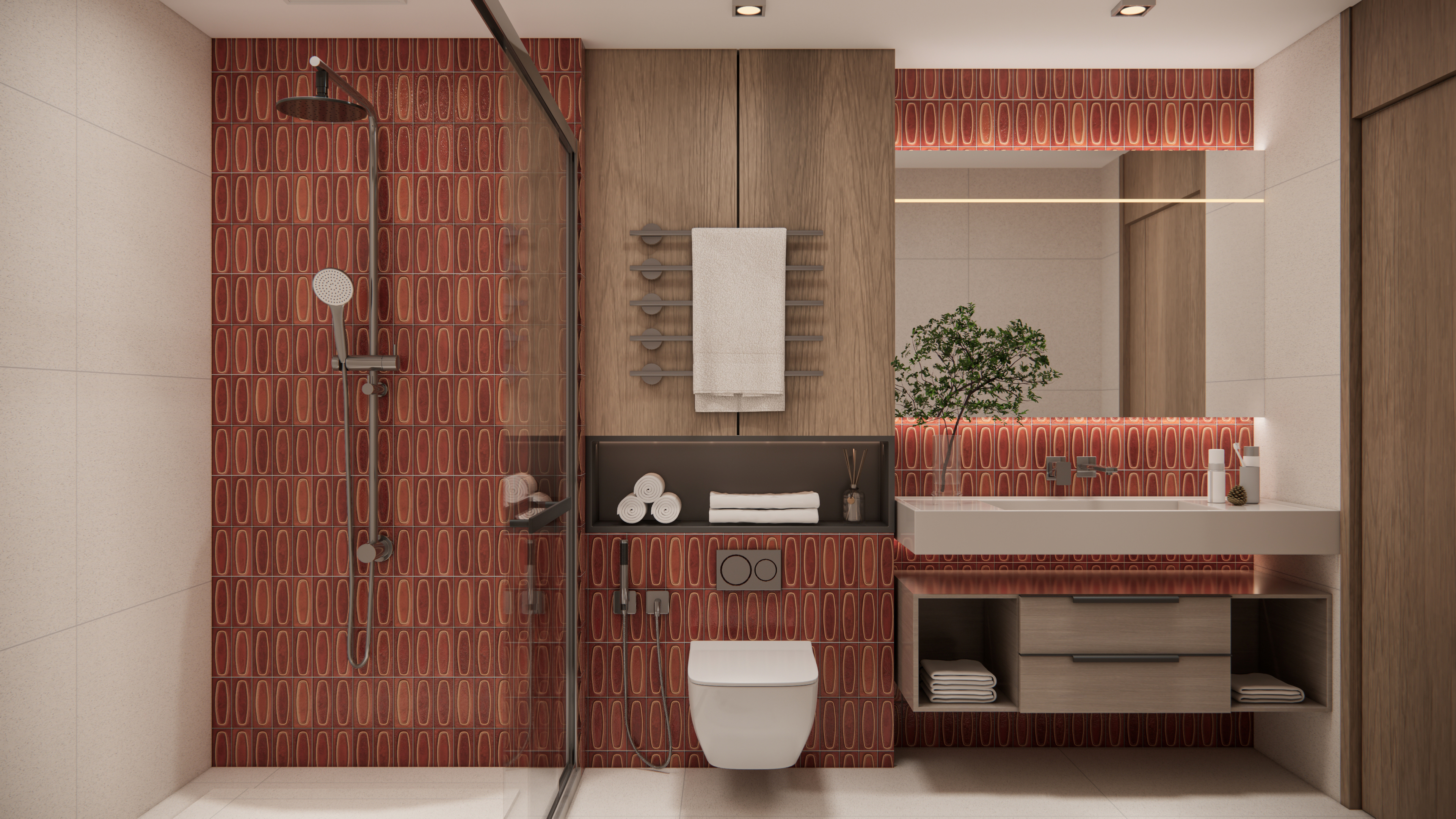 Bold Red Patterned Tiles for a Contemporary Bathroom | Material Depot