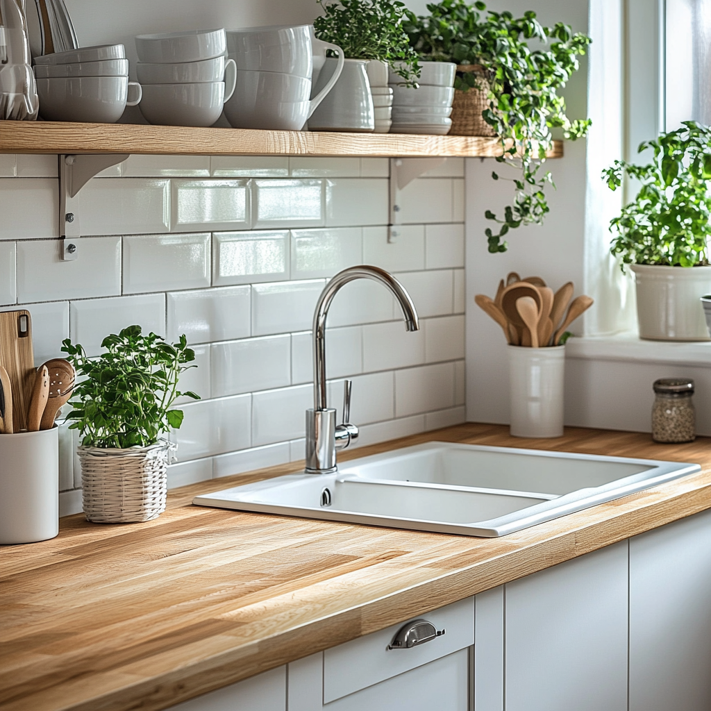 Bright and Airy Kitchen with Wood Countertops and White Subway Tiles | Material Depot