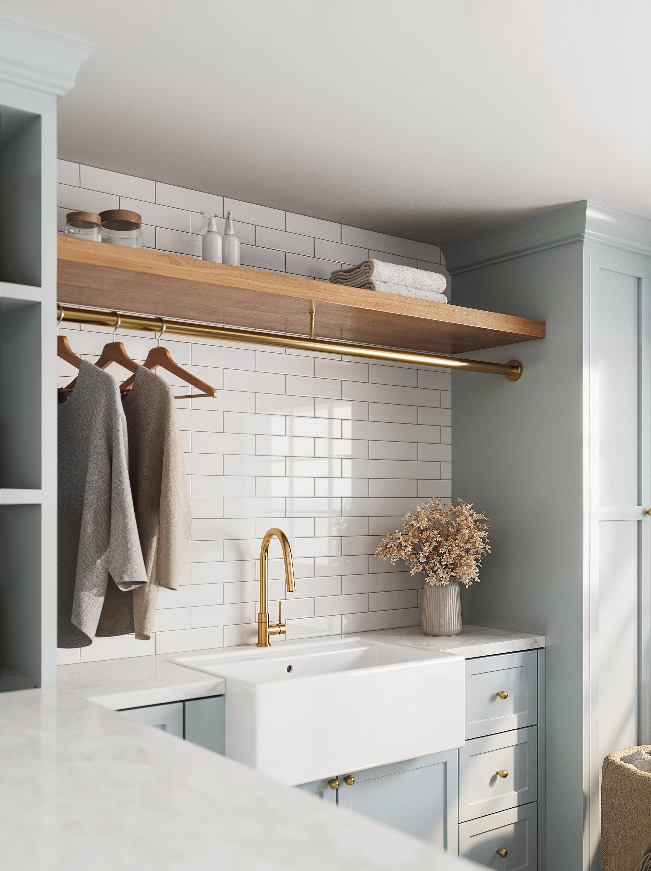 Bright and Airy Laundry Room with White Tiled Backsplash, Wood Shelving, and Gold Accents | Material Depot