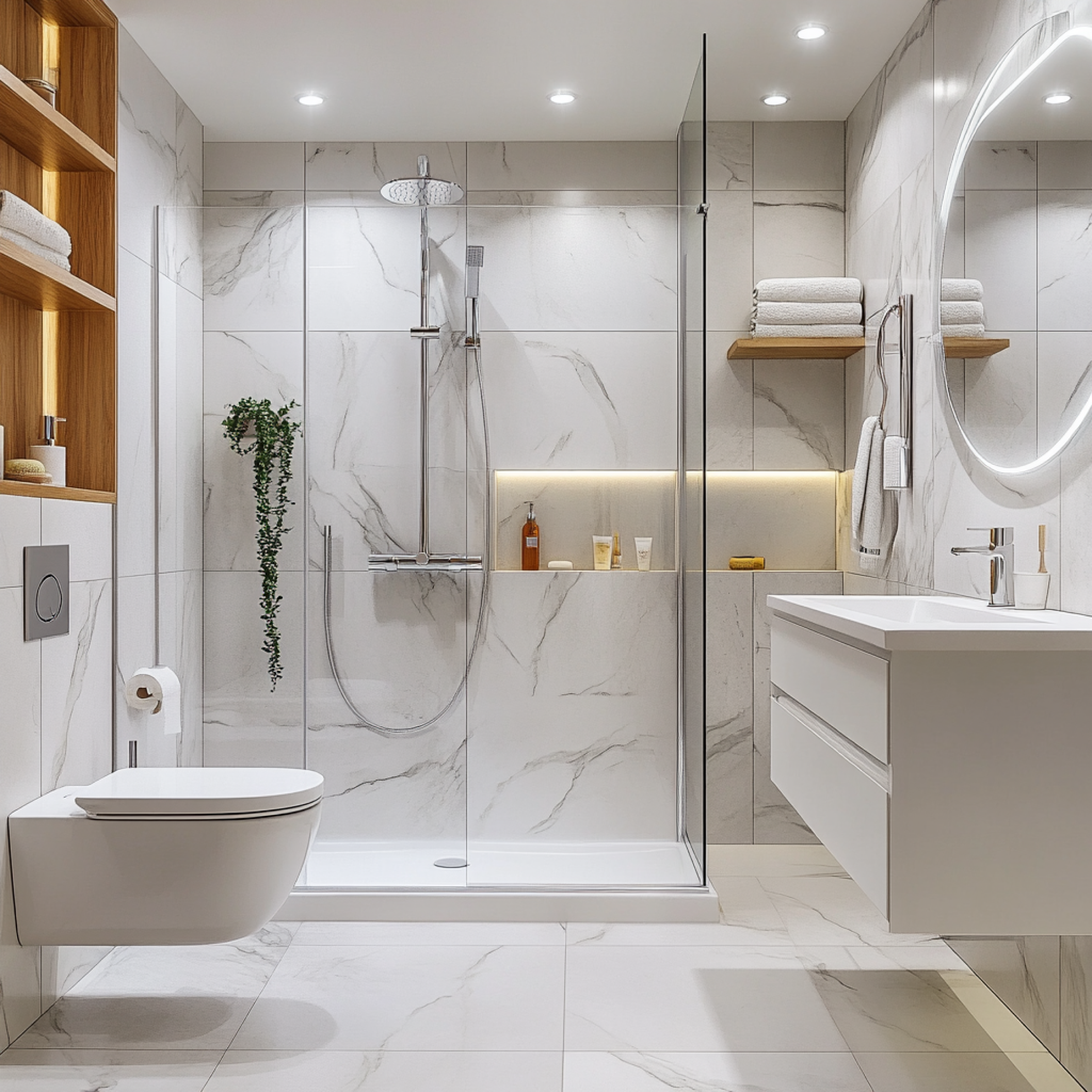 Bright and Minimalist Bathroom with Marble Tiles and Warm Lighting | Material Depot