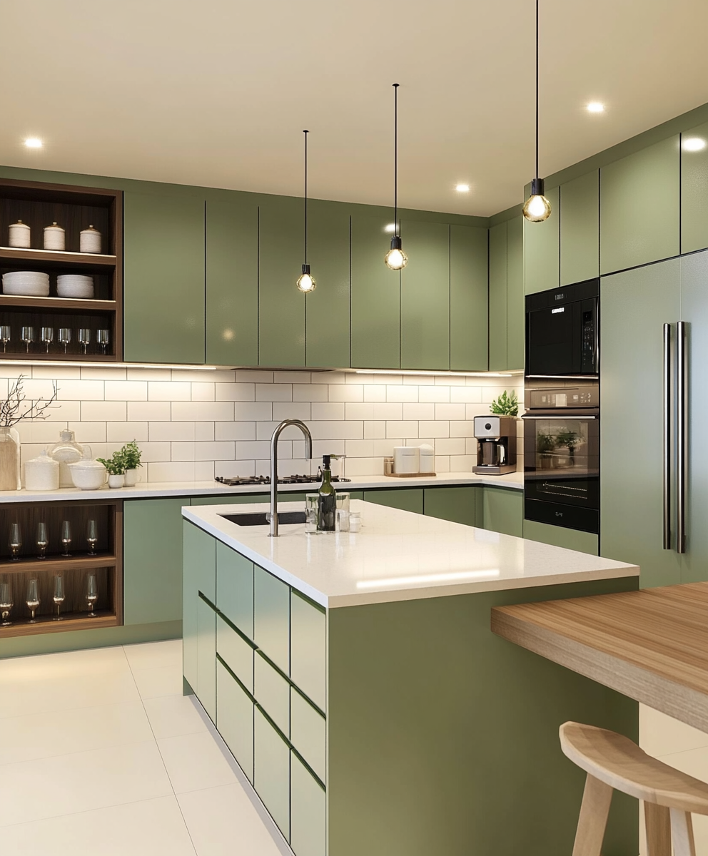 Bright Green Modern Kitchen with Subway Tile Backsplash | Material Depot