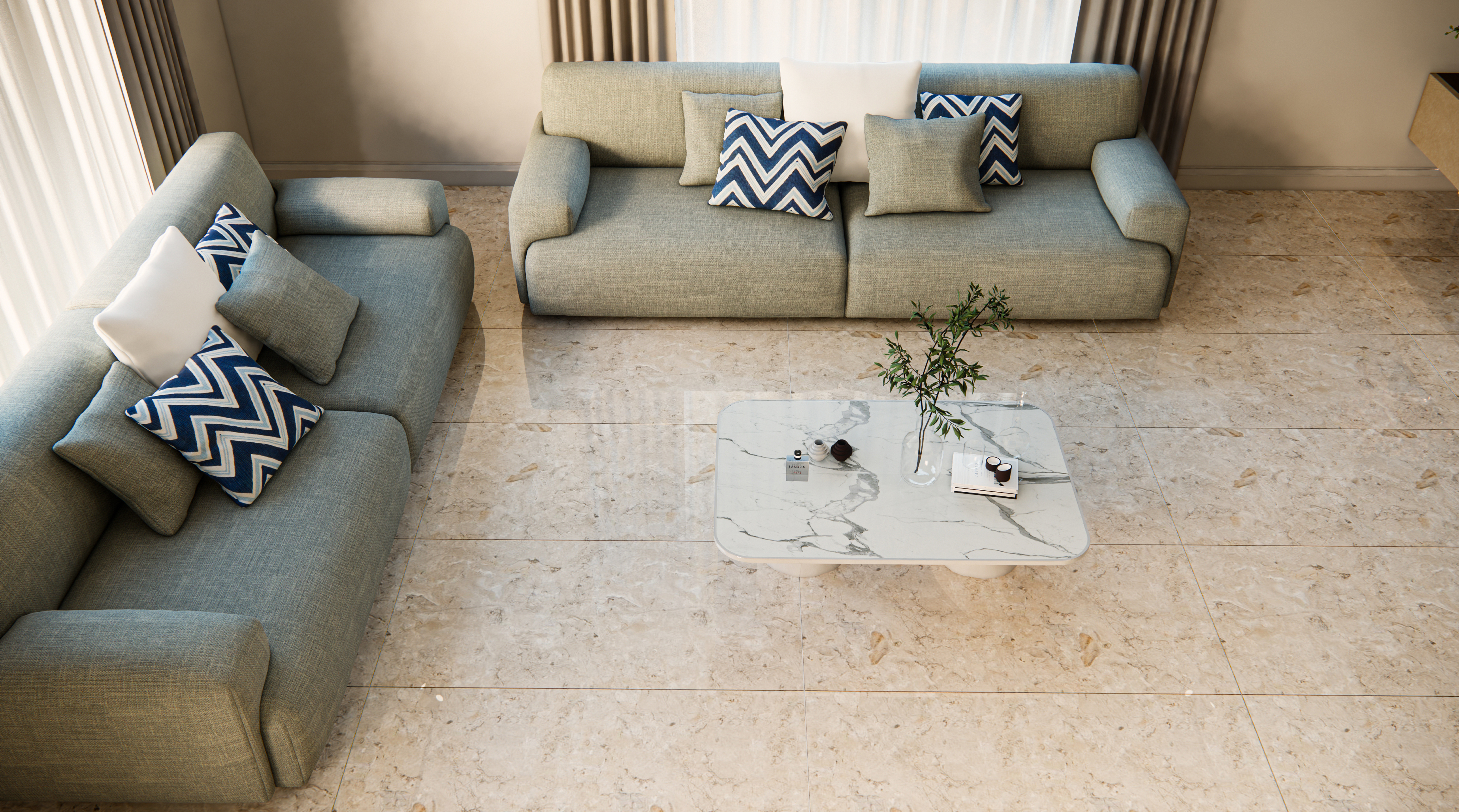 Bright Living Room with Beige Marble Flooring and Soft Blue Sofas | Material Depot