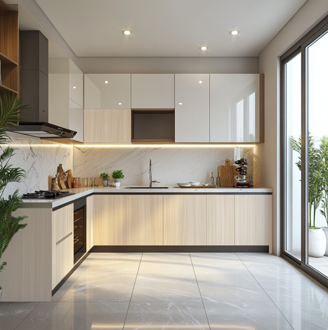 Bright Modern Kitchen with Wooden Laminates and Marble Backsplash | Material Depot