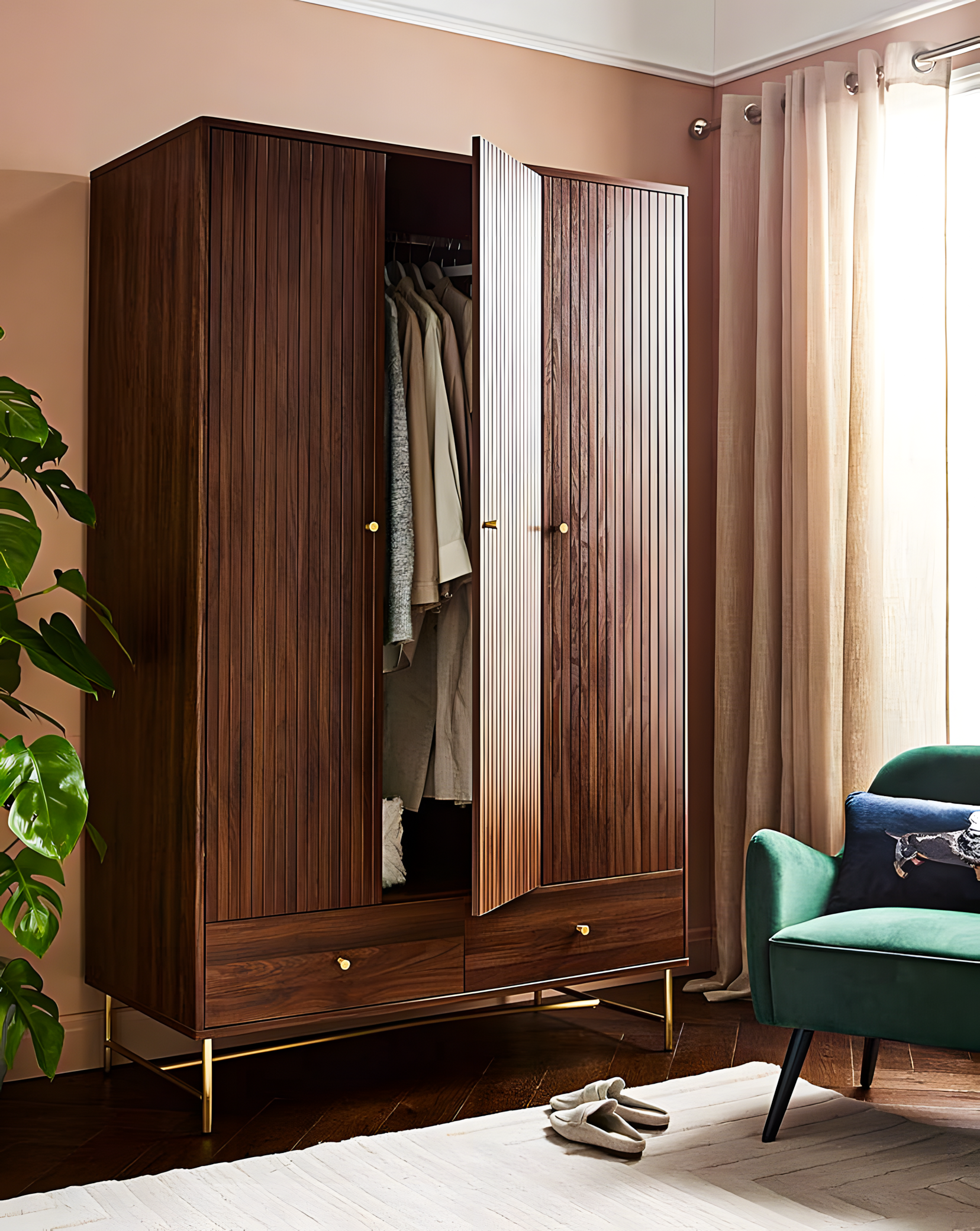 Brown Fluted Wardrobe with Gold Handles | Material Depot