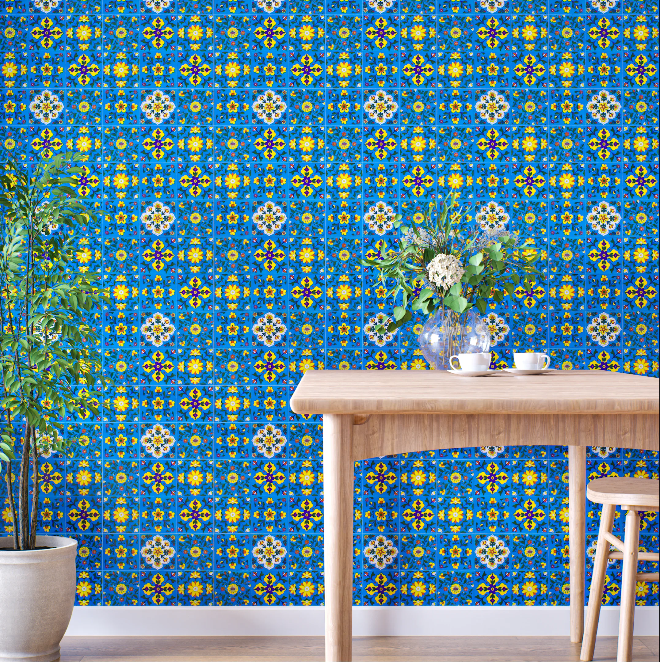 Charming Dining Area with Blue Floral Tile Wall | Material Depot