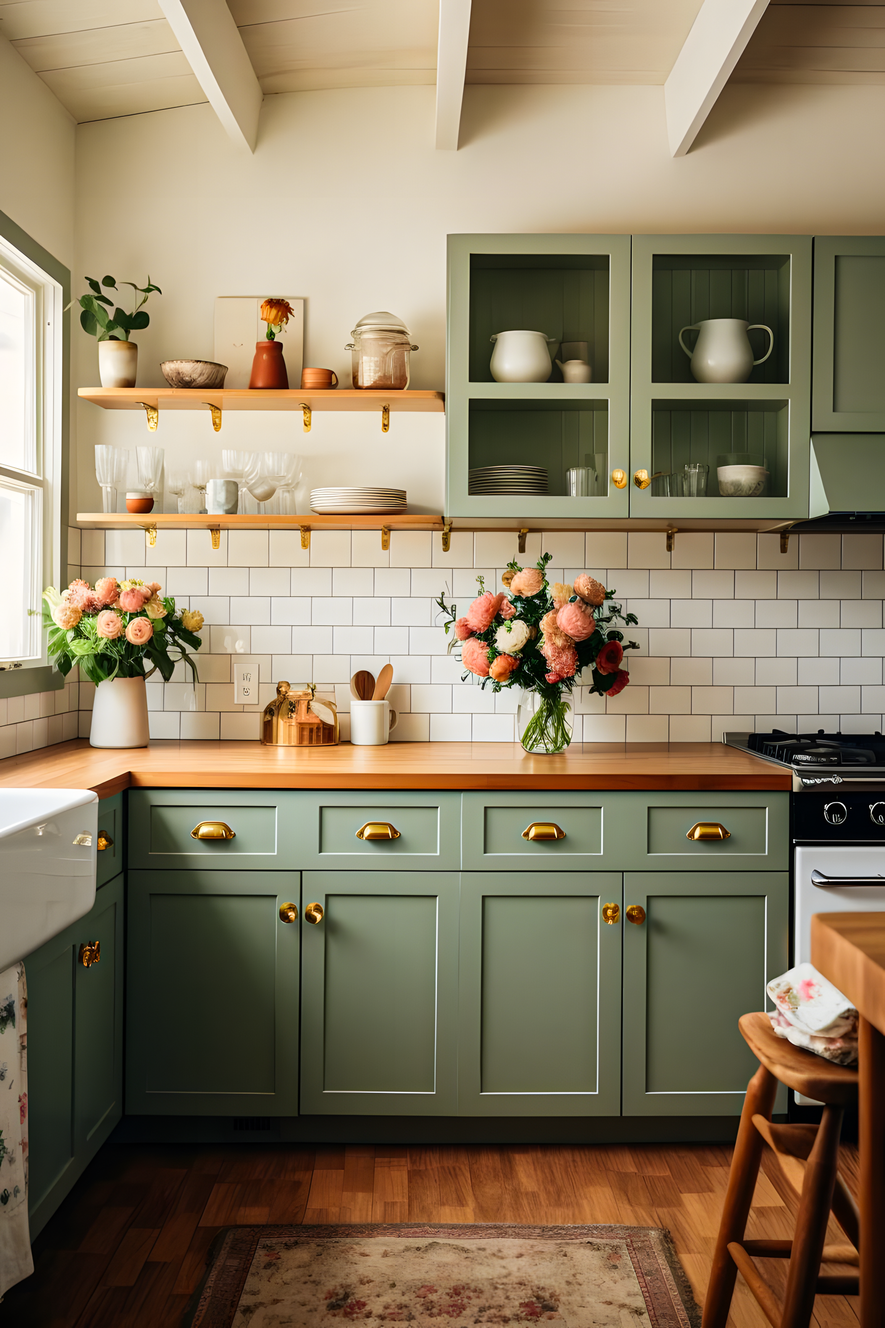 Charming kitchen with sage green cabinets, wooden countertop, and white subway tile backsplash. | Material Depot