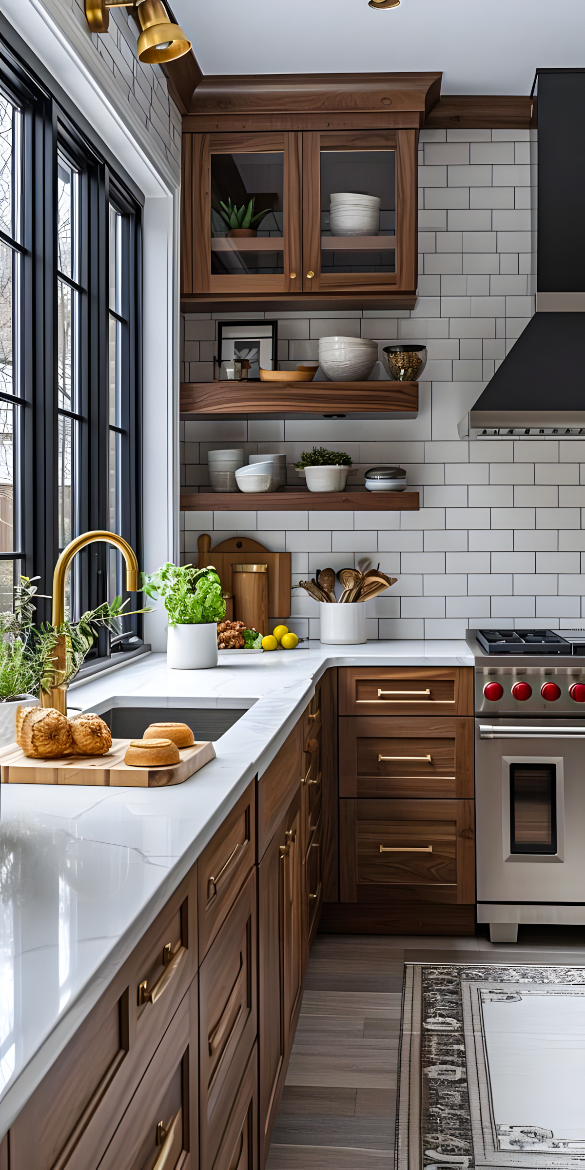 Charming kitchen with walnut cabinets, white quartz countertop, and classic subway tile backsplash. | Material Depot