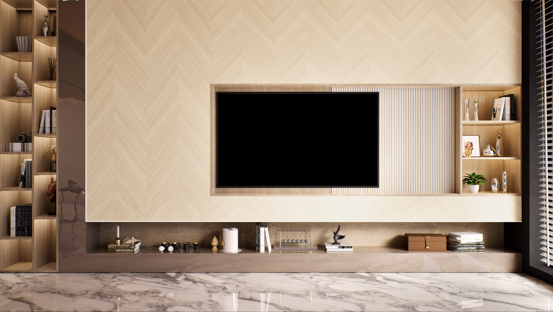 Chevron Pattern Wooden Laminate TV Wall for Elegant Living Room Design | Material Depot