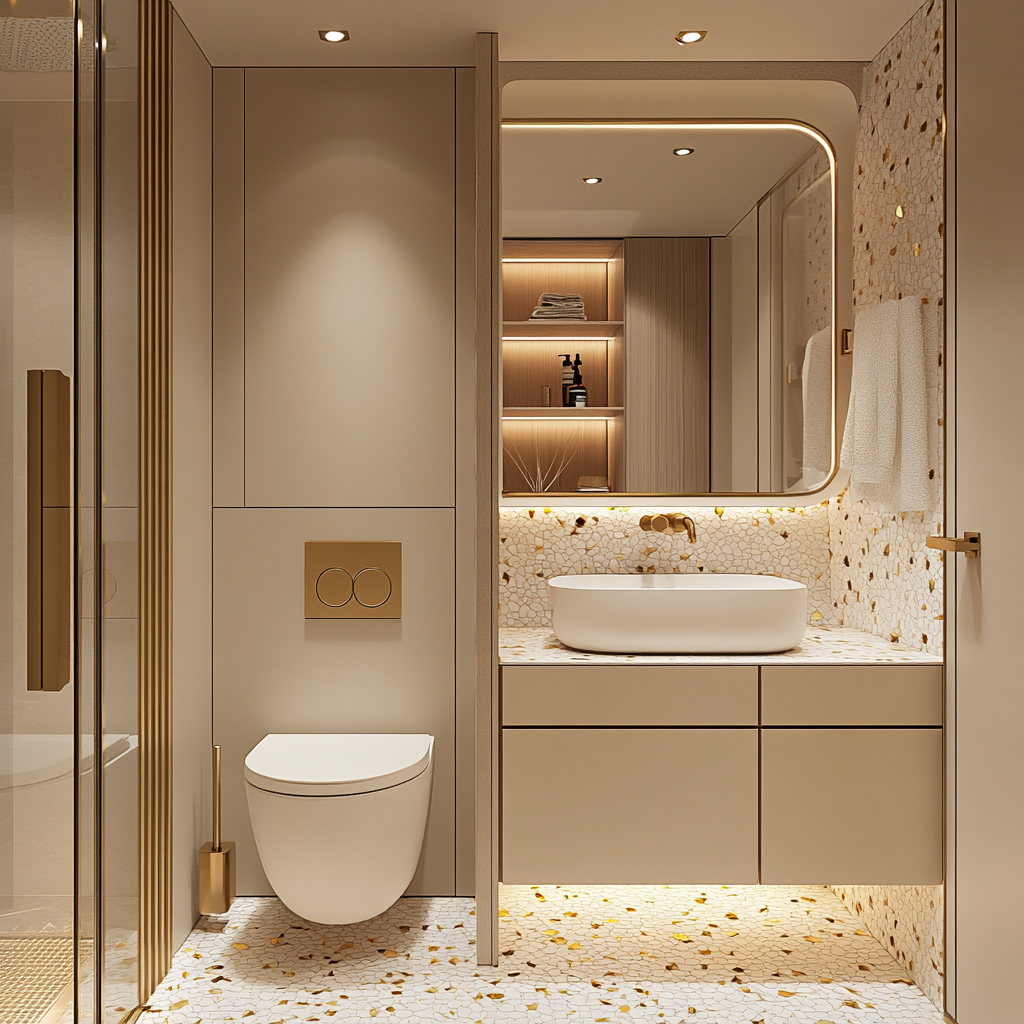 Chic and Luxurious: Elegant Bathroom with Gold Details and Cream Terrazzo | Material Depot