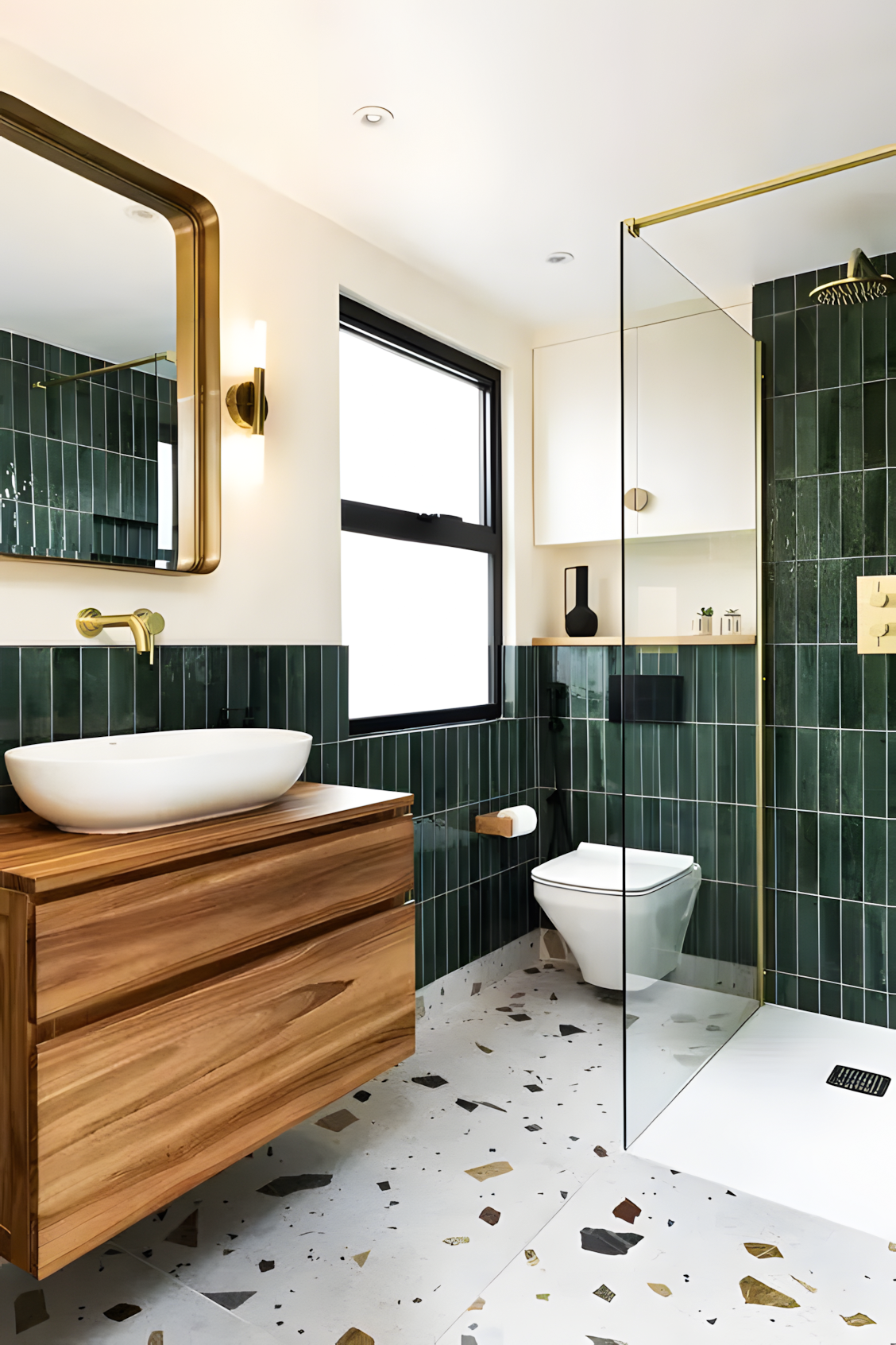 Chic Bathroom Interior with Natural Light and Green Tiles | Material Depot