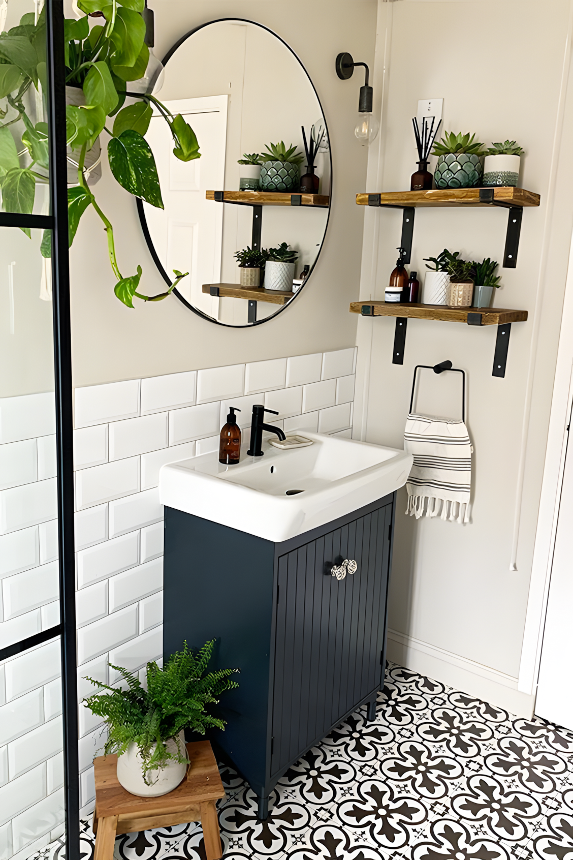 Chic Bathroom with Black Vanity and Wooden Accents | Material Depot