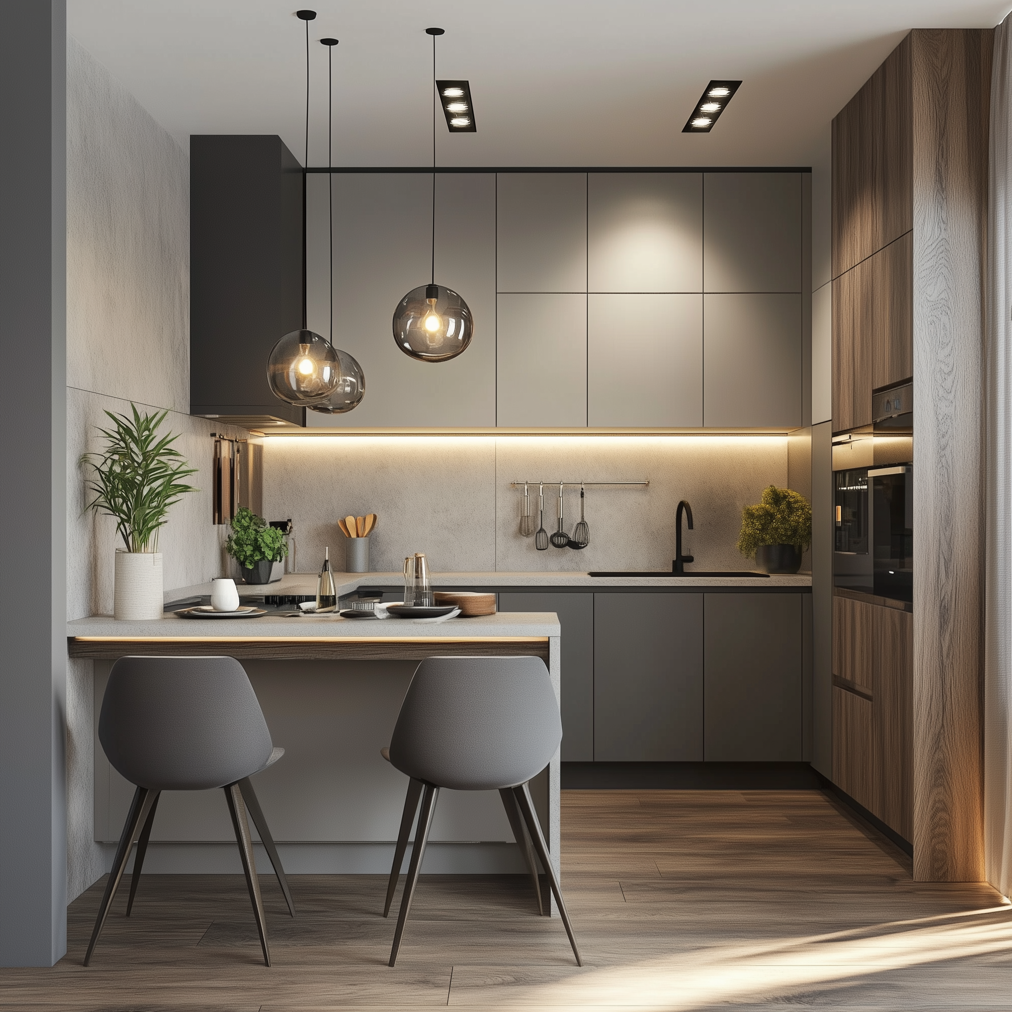 Chic Harmony: Warm Wood and Gray Kitchen with Designer Lighting and Cozy Dining Area | Material Depot