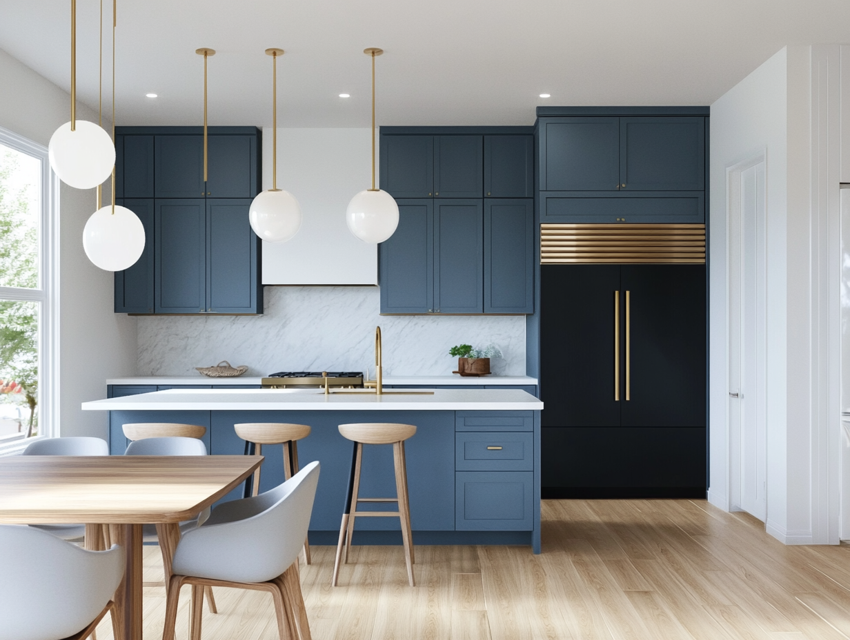 Chic Navy Blue Kitchen with Gold Accents and Open Layout | Material Depot