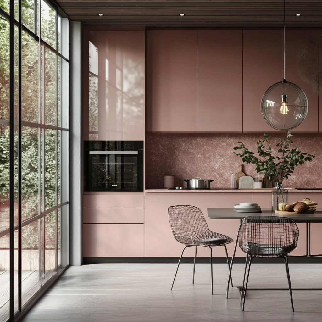 Chic Pink Minimalist Kitchen with Sleek Modern Design and Natural Light | Material Depot