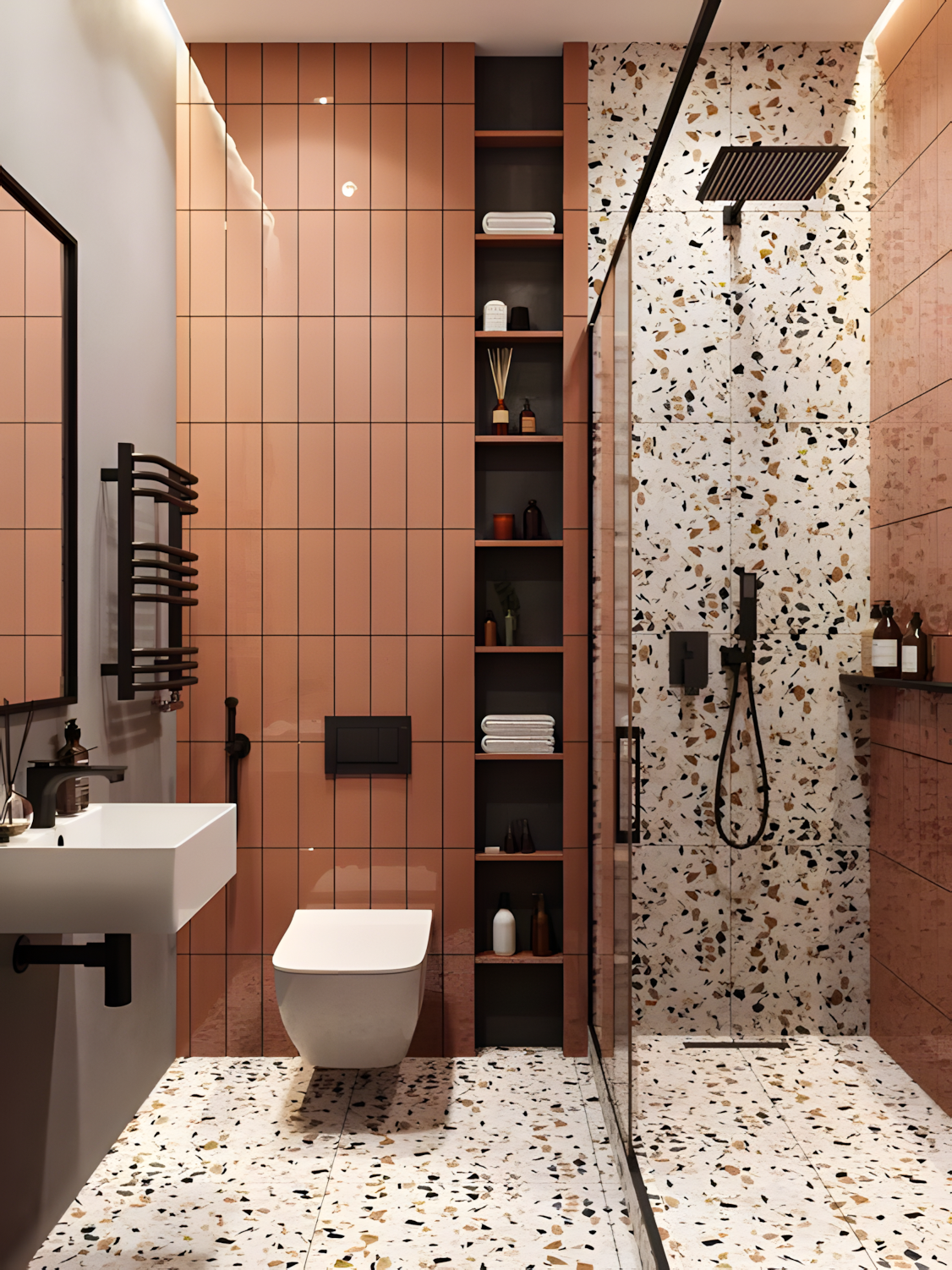 Chic Restroom Space with Wall-Mounted Fixtures and Walk-In Shower | Material Depot