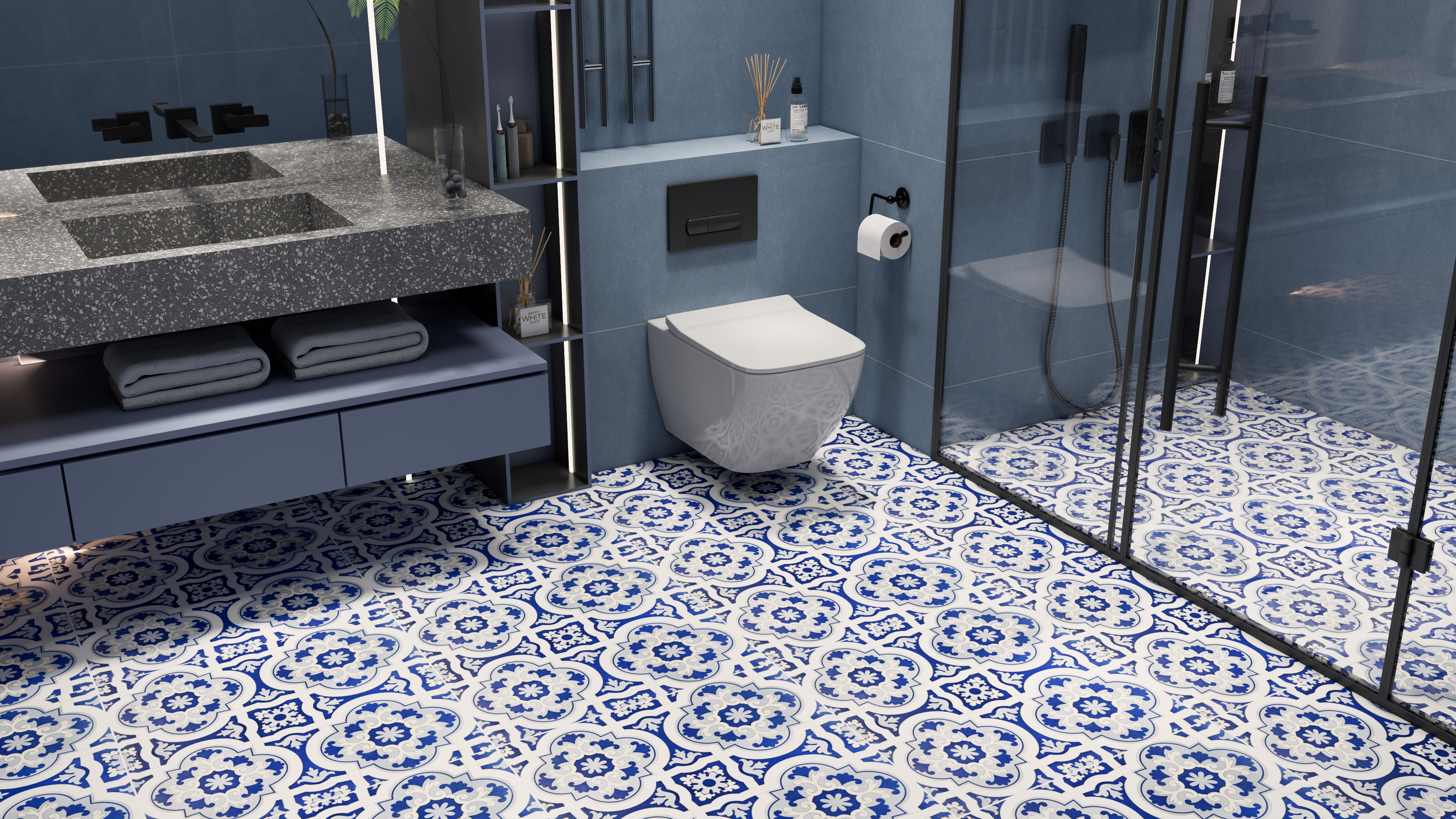 Classic Blue and White Moroccan Tiles in a Modern Bathroom | Material Depot