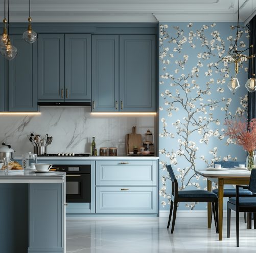 Classic Blue Kitchen with Floral Accent Wall and Marble Countertops | Material Depot