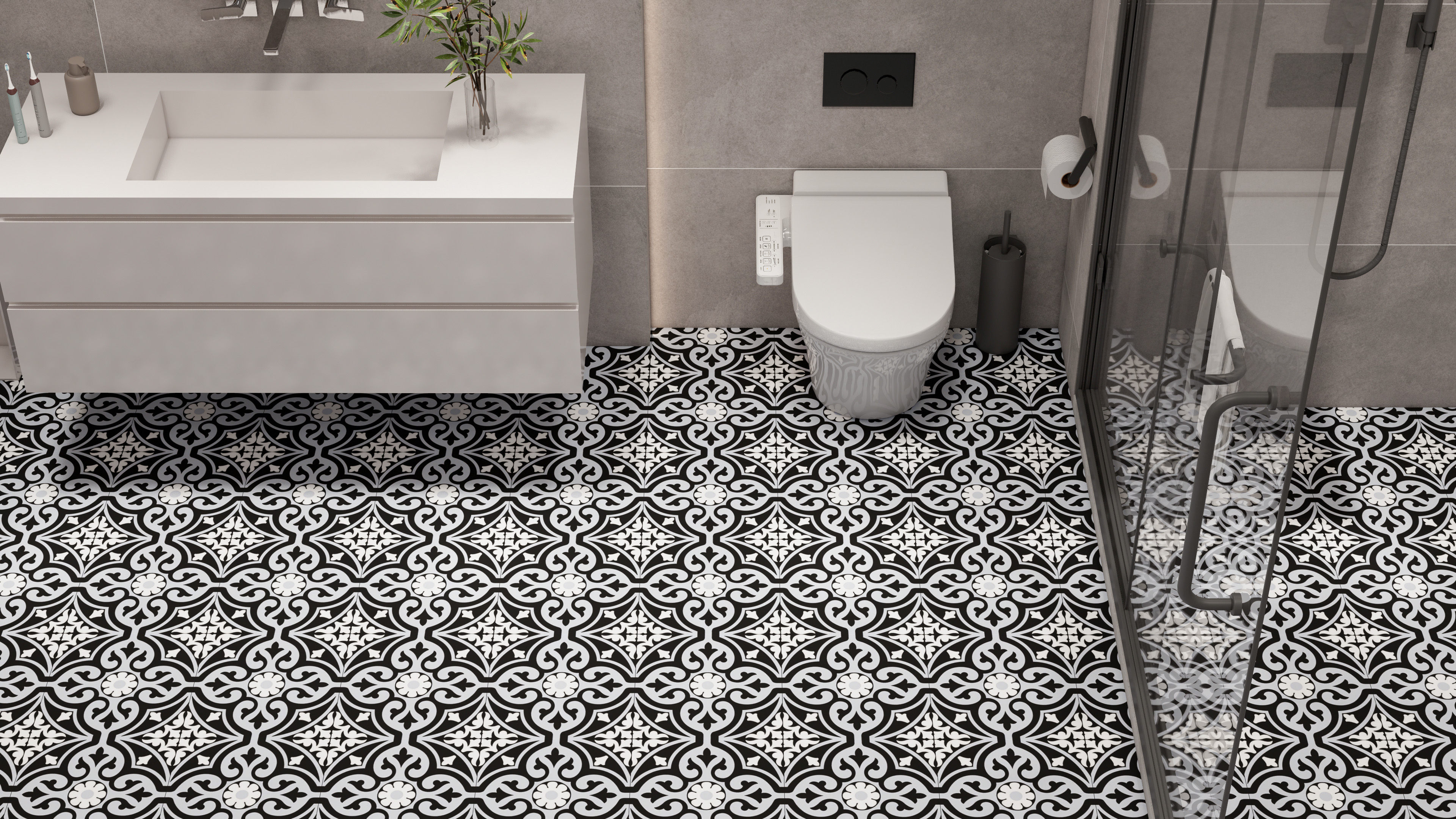 Classic Elegance Bathroom with Black and White Moroccan Floor Tiles | Material Depot