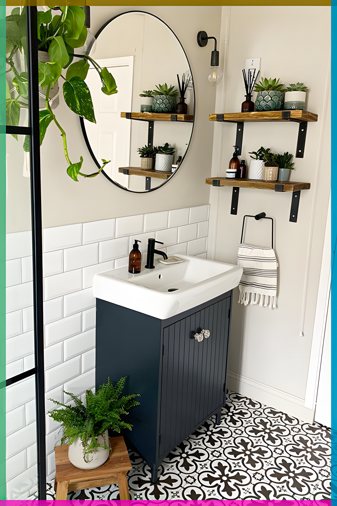 Contemporary Bathroom Corner with Black Vanity and Greenery | Material Depot