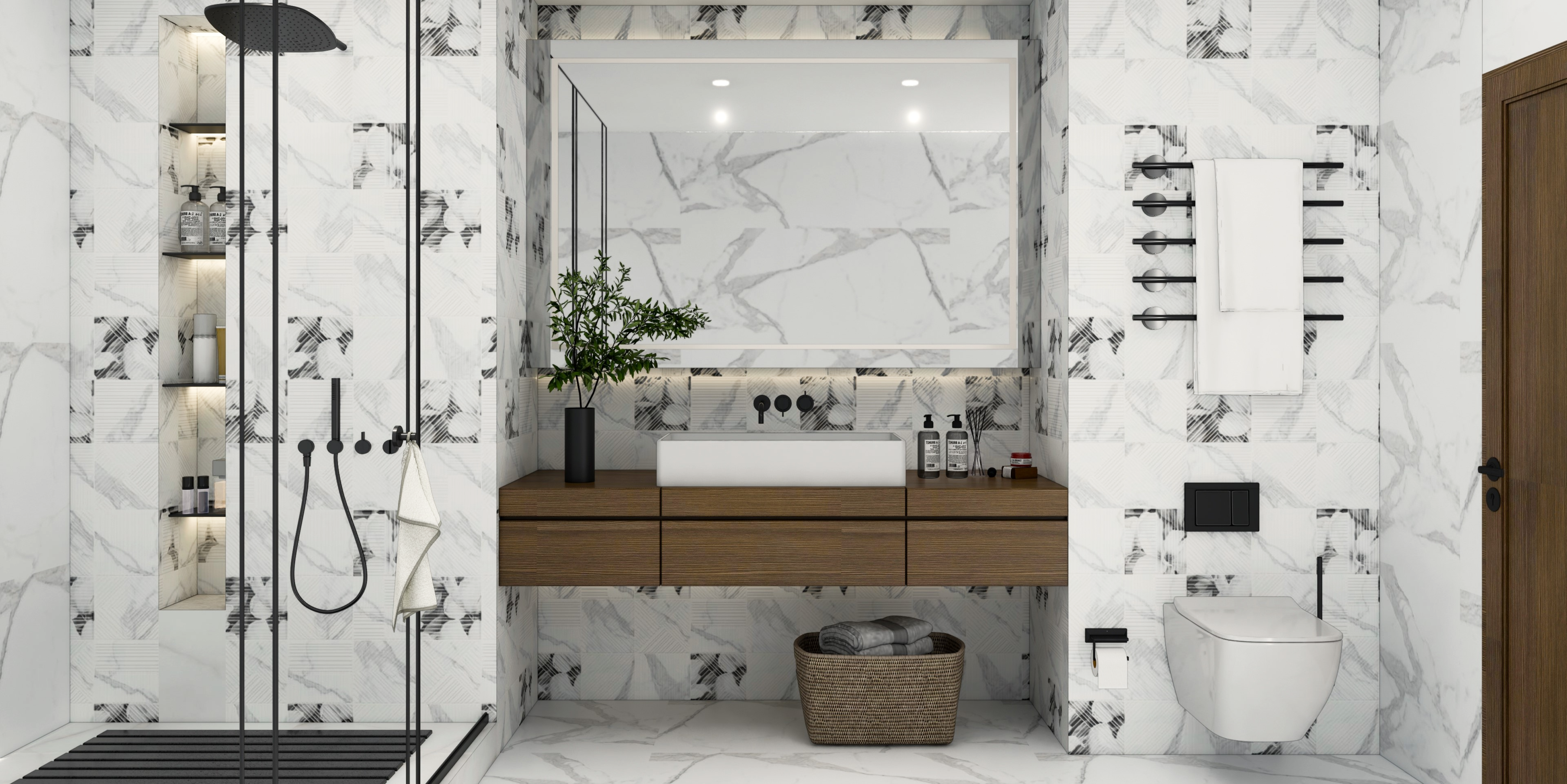 Contemporary Bathroom with Abstract Marble Effect Tiles | Material Depot